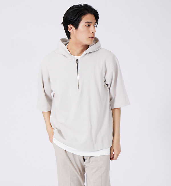 ABAHOUSE「ワッフル ハーフジップアップ 半袖パーカー」|パーカー|ライトグレー
