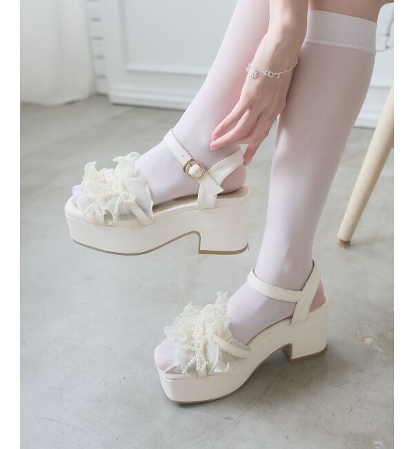  「◇パールフリルボリュームサンダル」|サンダル|アイボリー