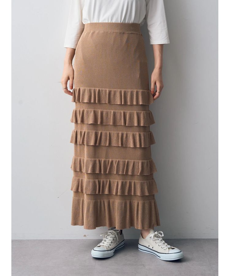 YECCA VECCA「ティアードフリルラメニットスカート」|スカート|Beige