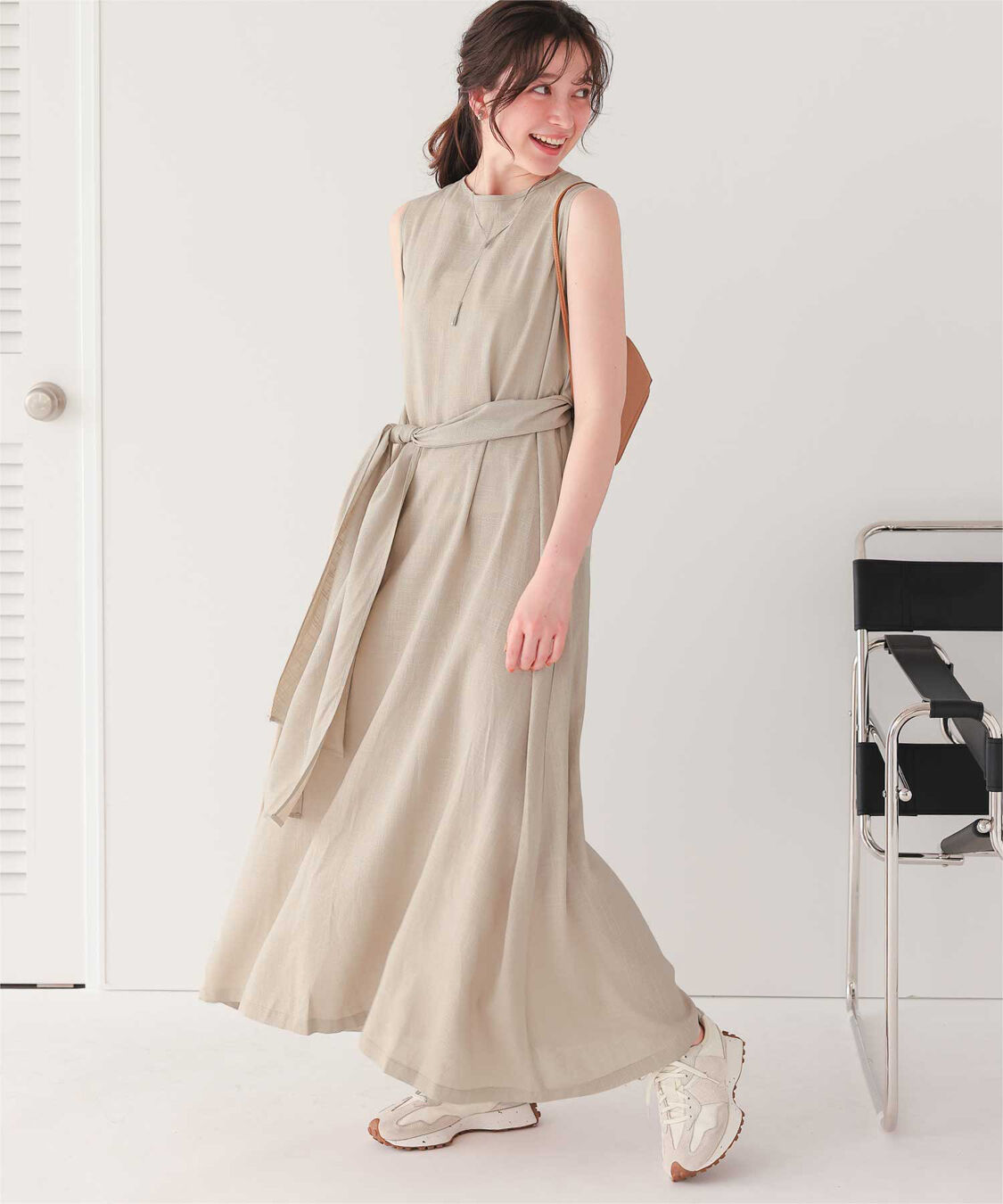 titivate「リネン混2wayリボンマキシワンピース」|ワンピース|グレージュ