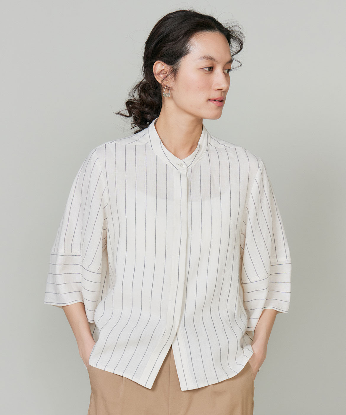 INED「《大きいサイズ》リネンコクーンスリーブブラウス」|シャツ・ブラウス|ストライプ1
