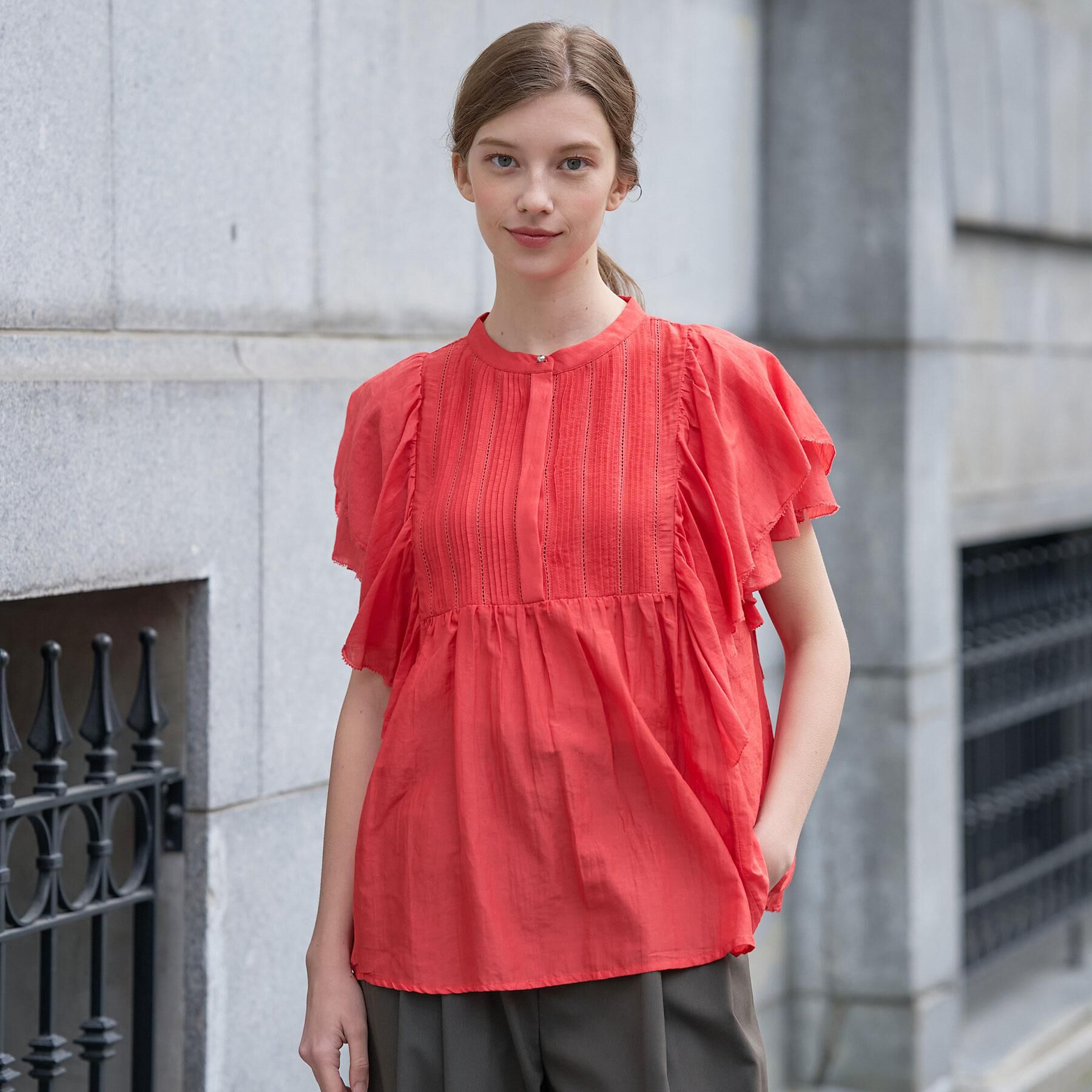 DRESSTERIOR「コットンシルク ラッフルスリーブ ブラウス」|シャツ・ブラウス|オレンジ(067)