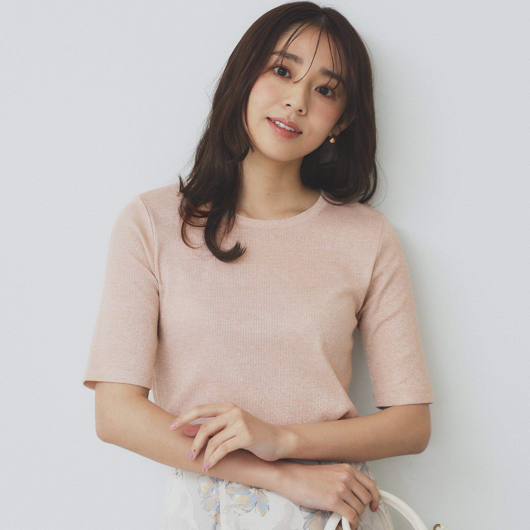 index「ラメリブクルーネックトップス【洗濯機洗い可】」|Tシャツ・カットソー|ピンクゴールド(60