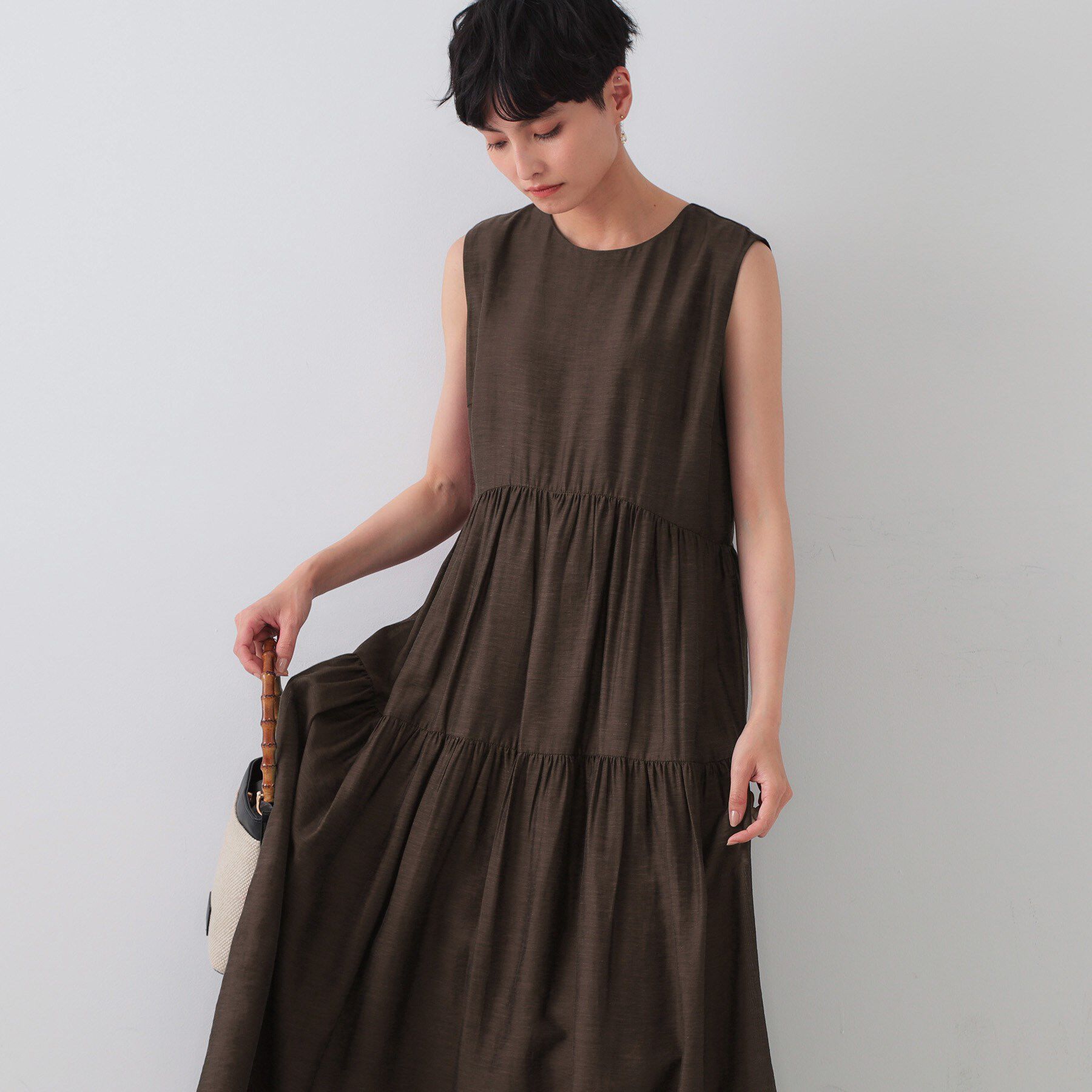 OPAQUE.CLIP「麻混シアーギャザーティアードワンピース【洗濯機洗い可】」|ワンピース|