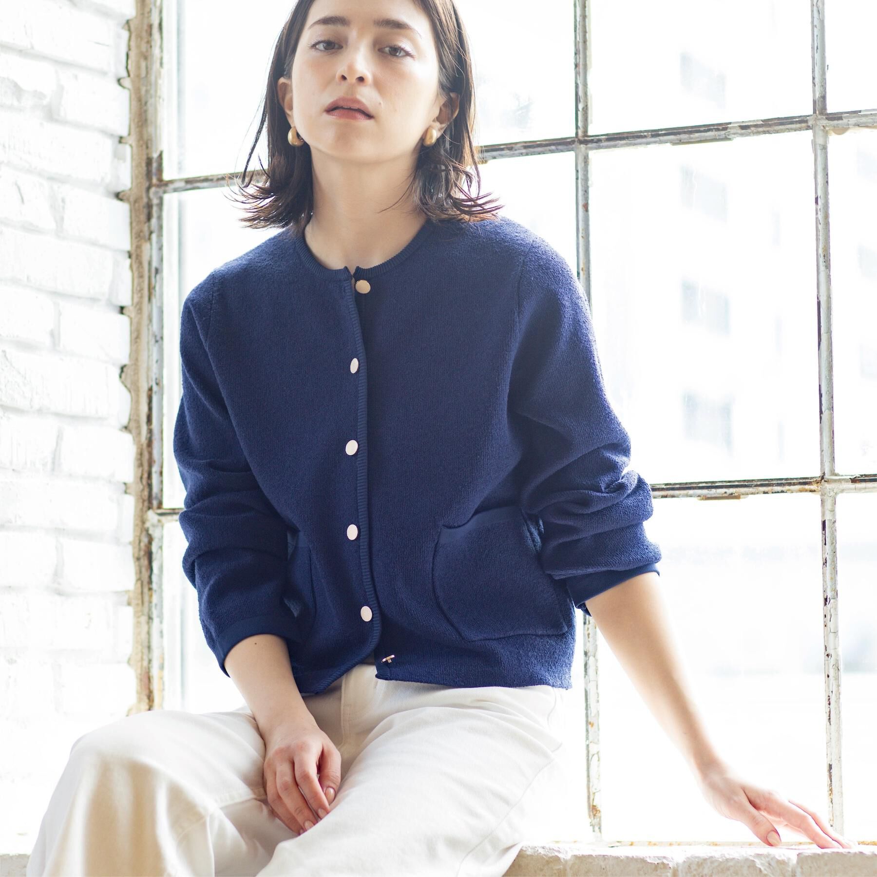 OPAQUE.CLIP「ブークレ金ボタンニットカーディガン【洗濯機OK】」|カーディガン|ネイビー(094)