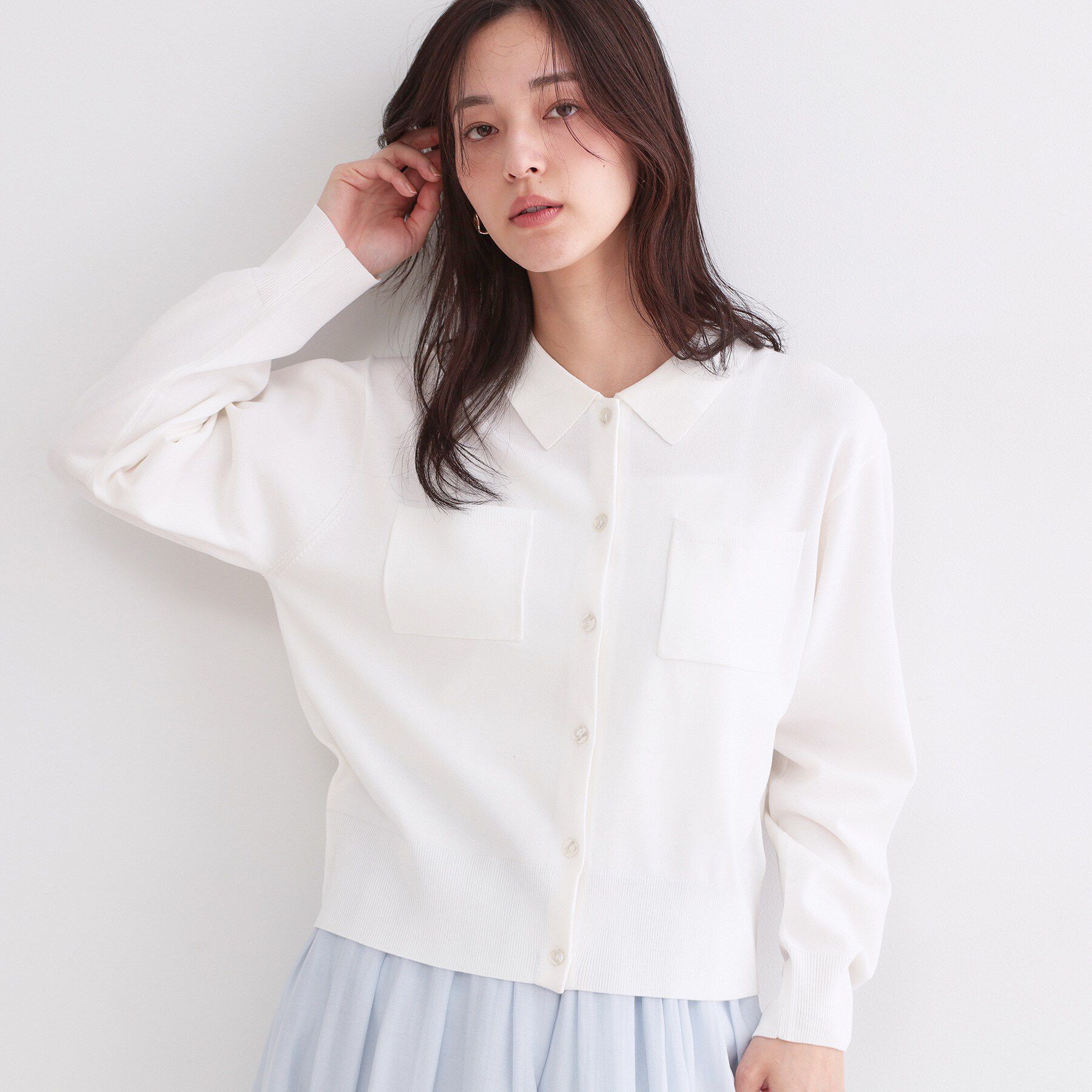 OPAQUE.CLIP「ポロ衿デザインニットカーディガン【洗濯機OK】」|カーディガン|ホワイト(001)