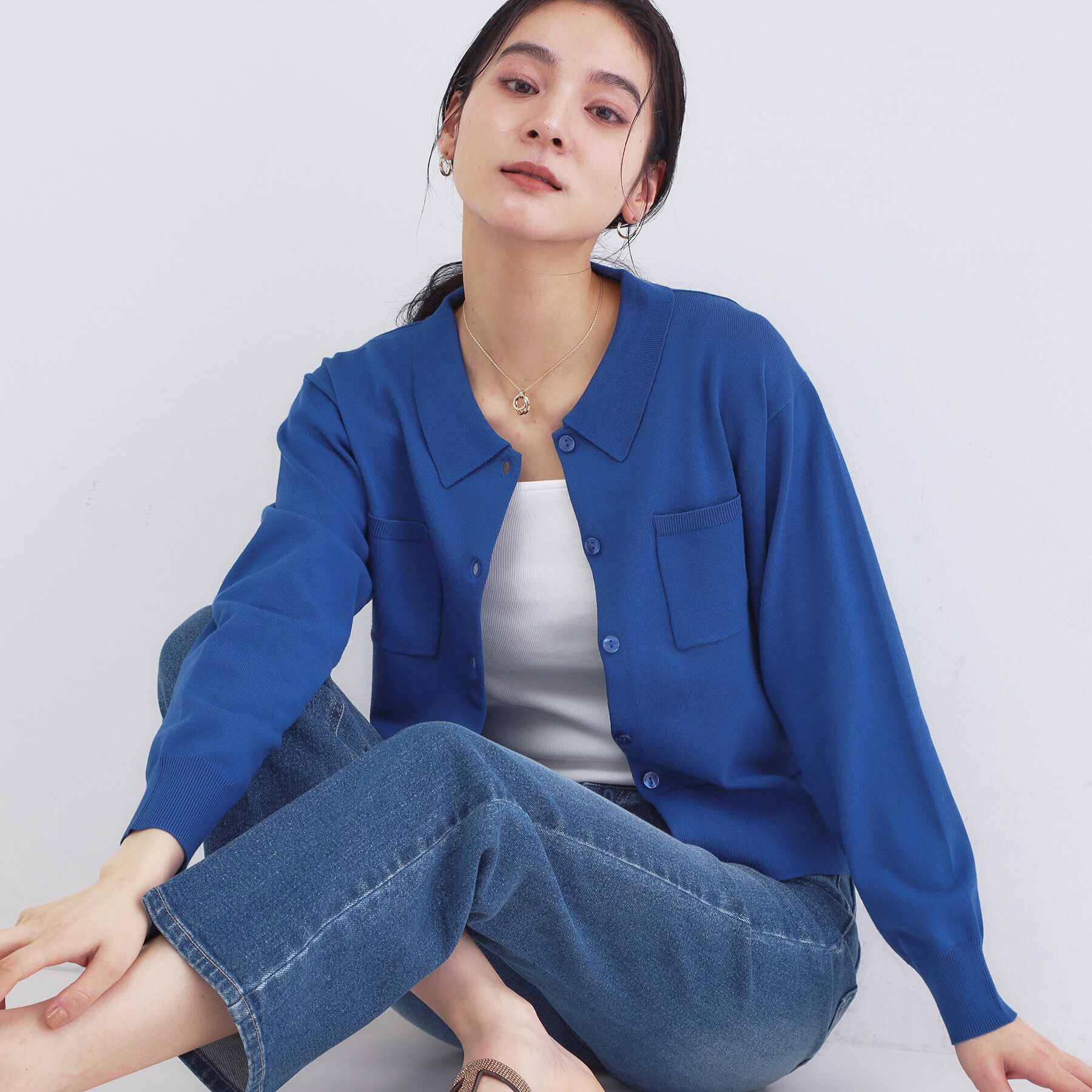 OPAQUE.CLIP「ポロ衿デザインニットカーディガン【洗濯機OK】」|カーディガン|ブルー(093)