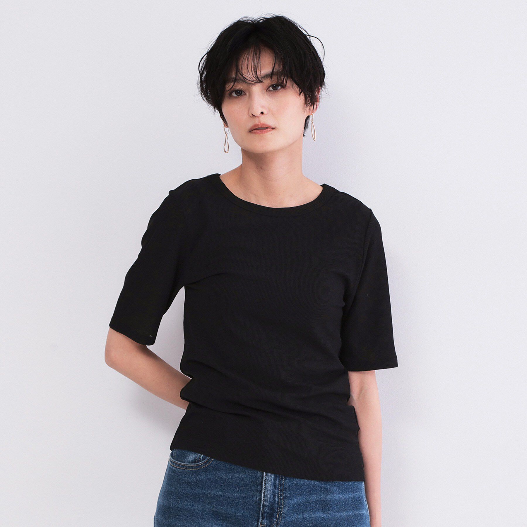 OPAQUE.CLIP「シアーメランジリブカットソー【洗濯機OK】」|Tシャツ・カットソー|ブラック(019)