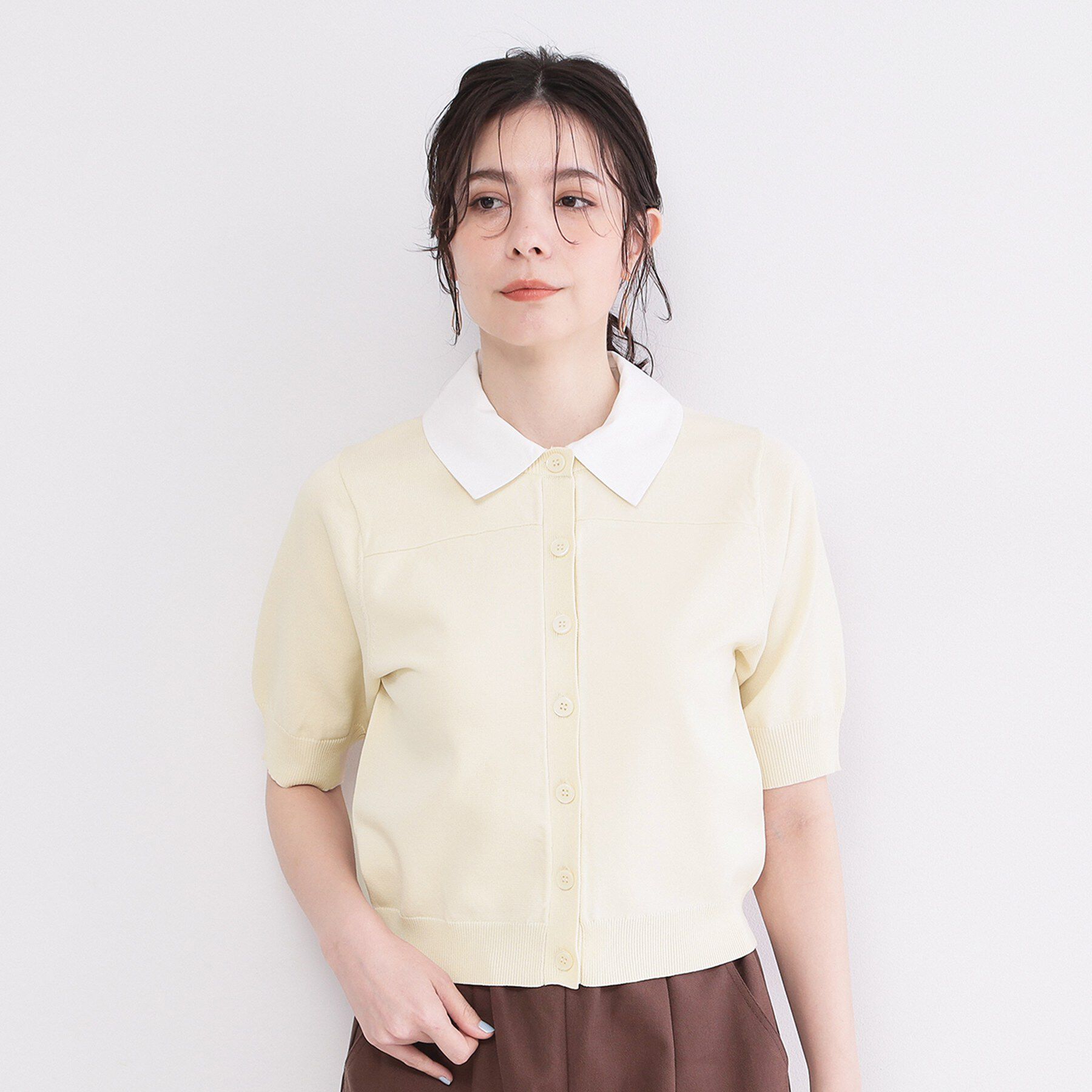 OPAQUE.CLIP「フォルムスリーブ ドッキングポロ衿ニット【洗濯機OK】」|ニット・セーター|