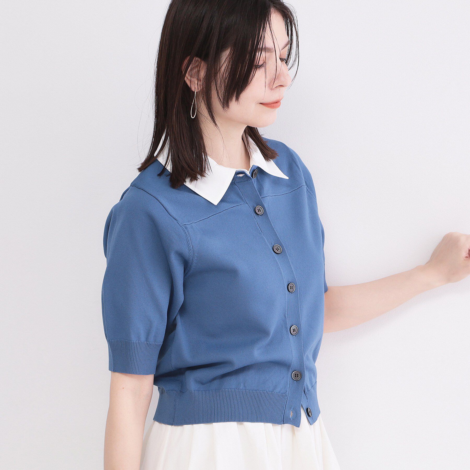OPAQUE.CLIP「フォルムスリーブ ドッキングポロ衿ニット【洗濯機OK】」|ニット・セーター|
