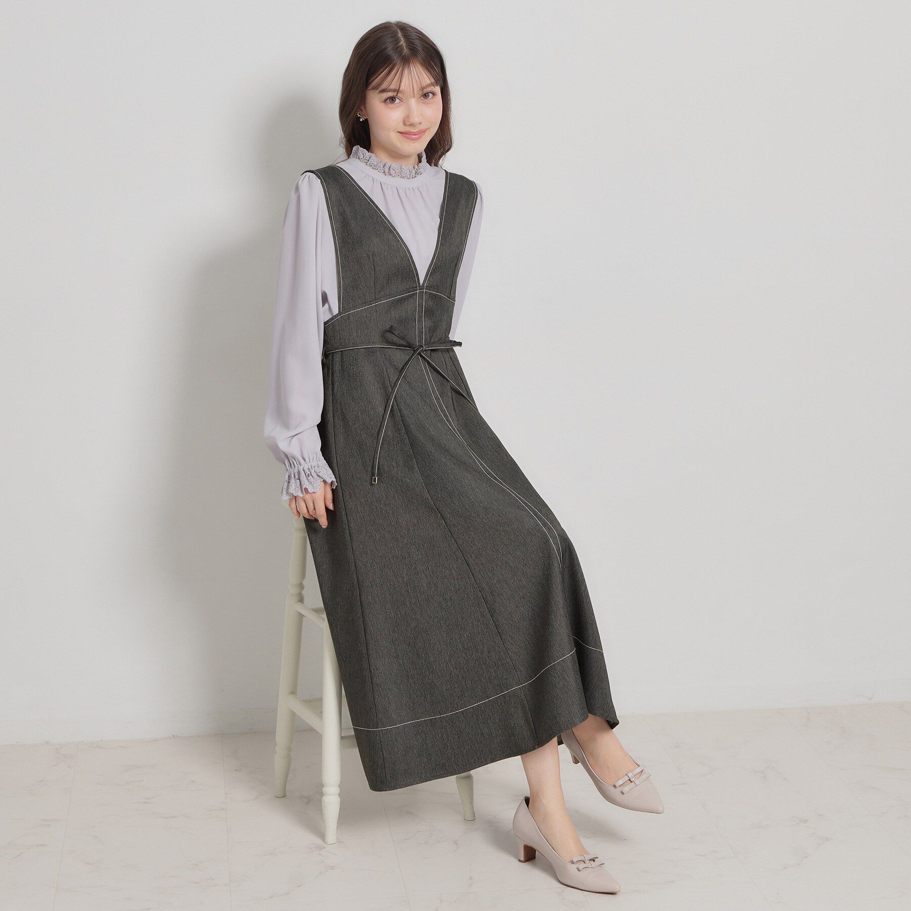 Couture broach「【洗える】デニムライク細リボンジャンスカ」|ワンピース|