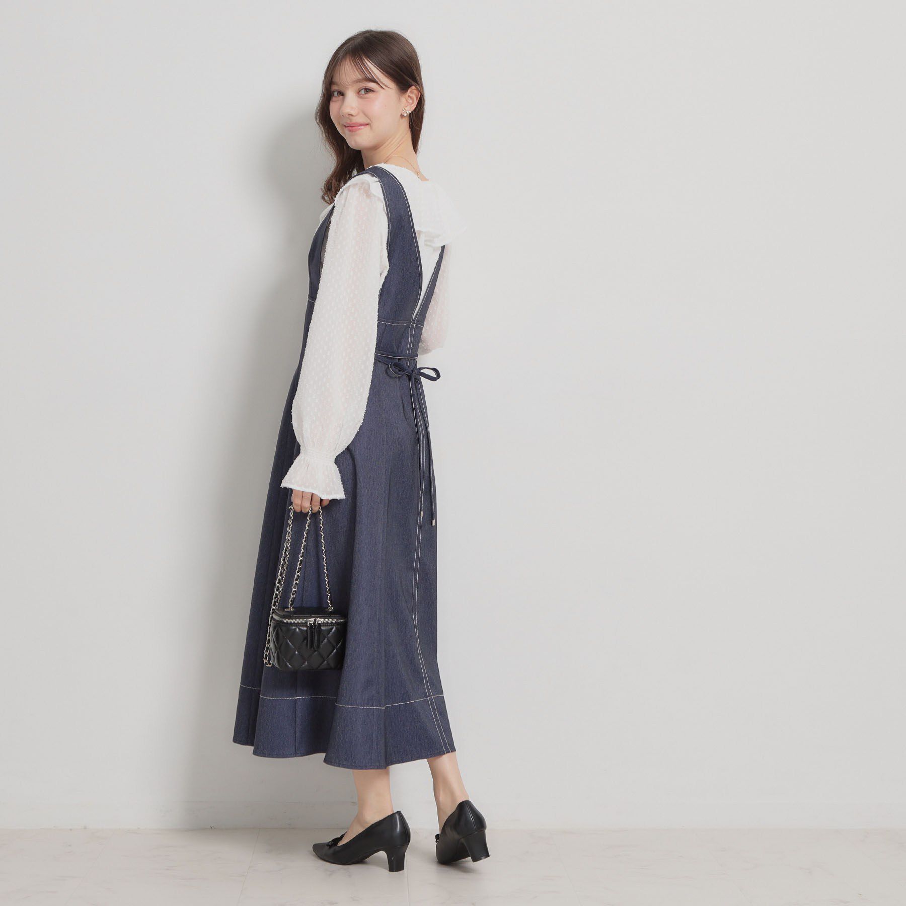 Couture broach「【洗える】デニムライク細リボンジャンスカ」|ワンピース|