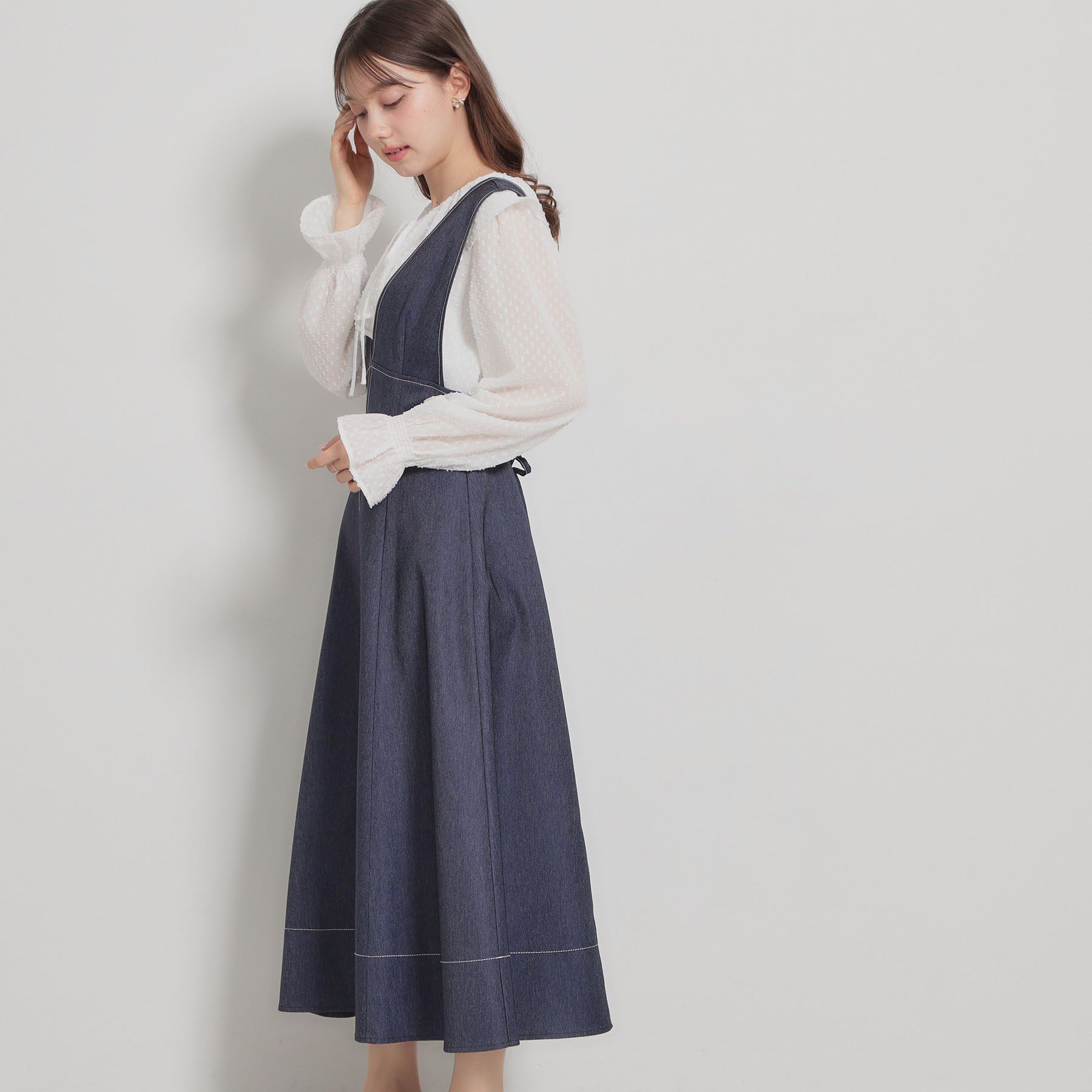 Couture broach「【洗える】デニムライク細リボンジャンスカ」|ワンピース|