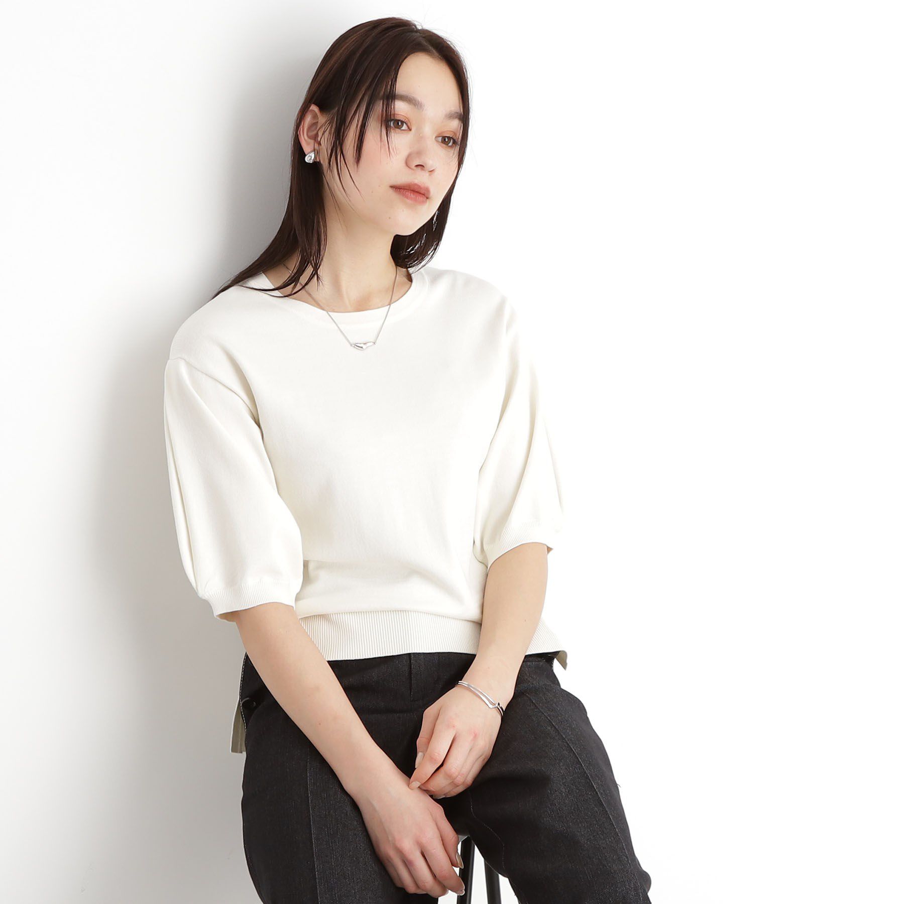 THE SHOP TK「【接触冷感/体型カバー】袖タック6分袖ニット/洗濯機OK/UVケア」|ニット・セーター|アイボリー(004)