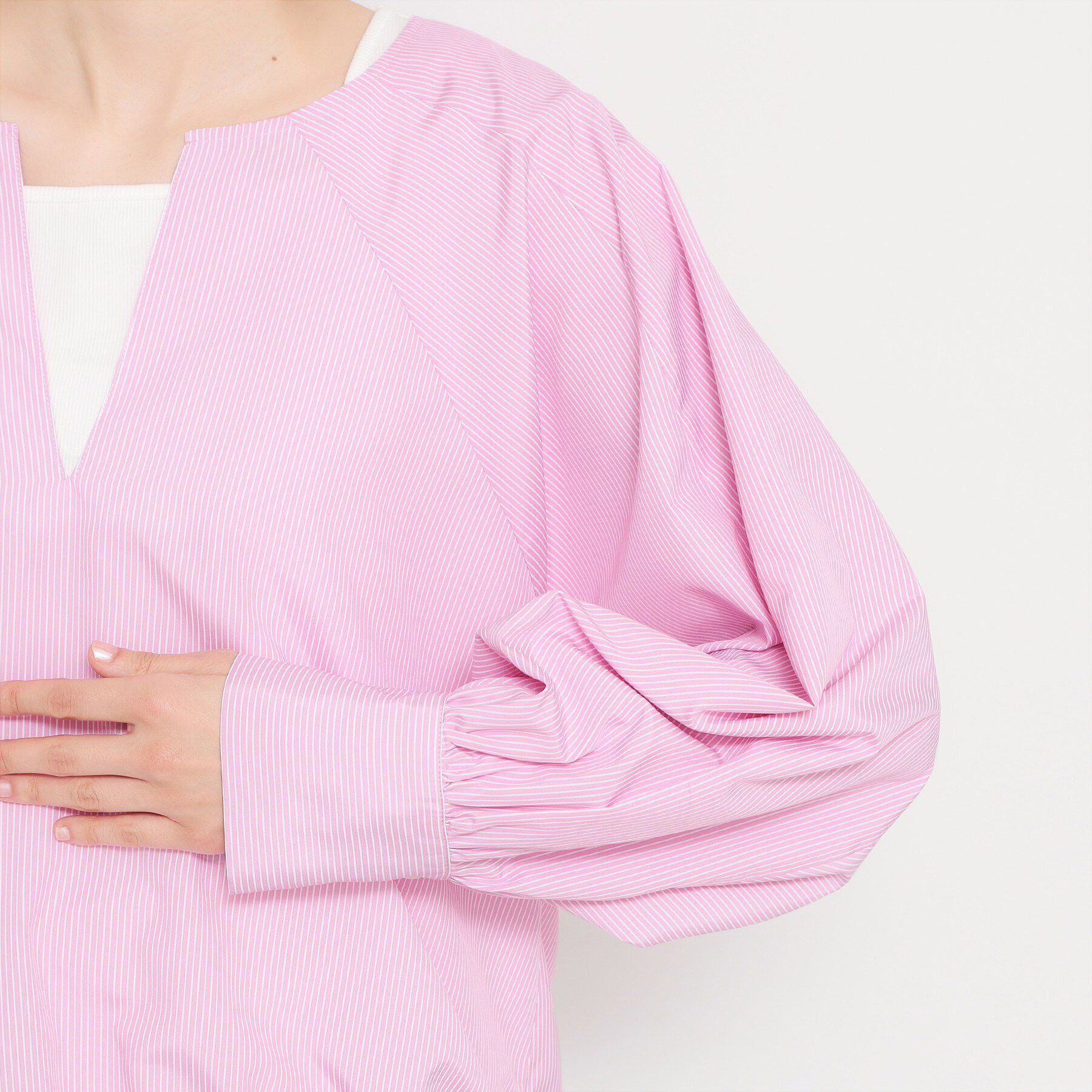 THE SHOP TK「キーネックストライプドロストシャツブラウス」|シャツ・ブラウス|