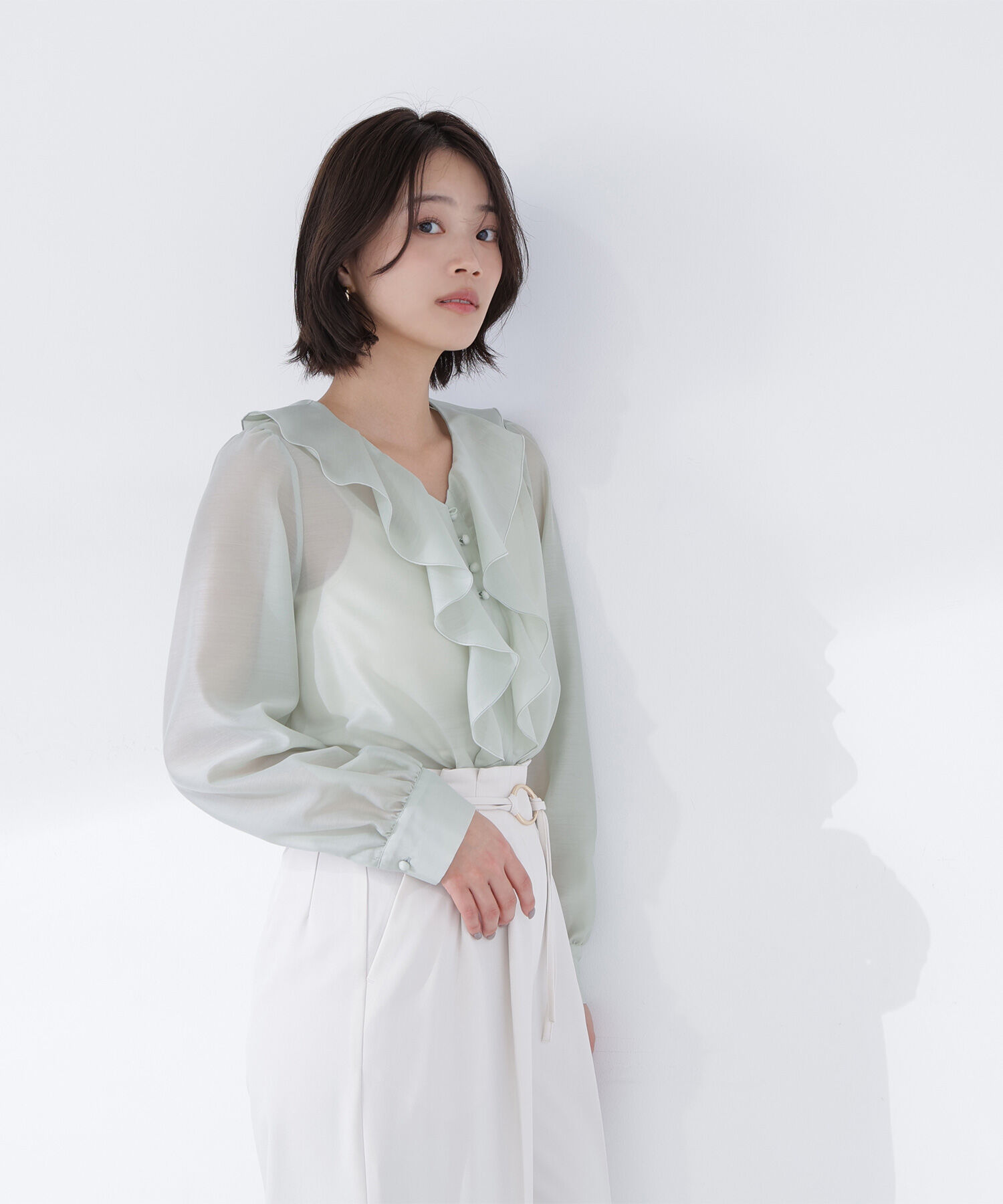  「フロントフリルブラウス」|シャツ・ブラウス|ライトグリー