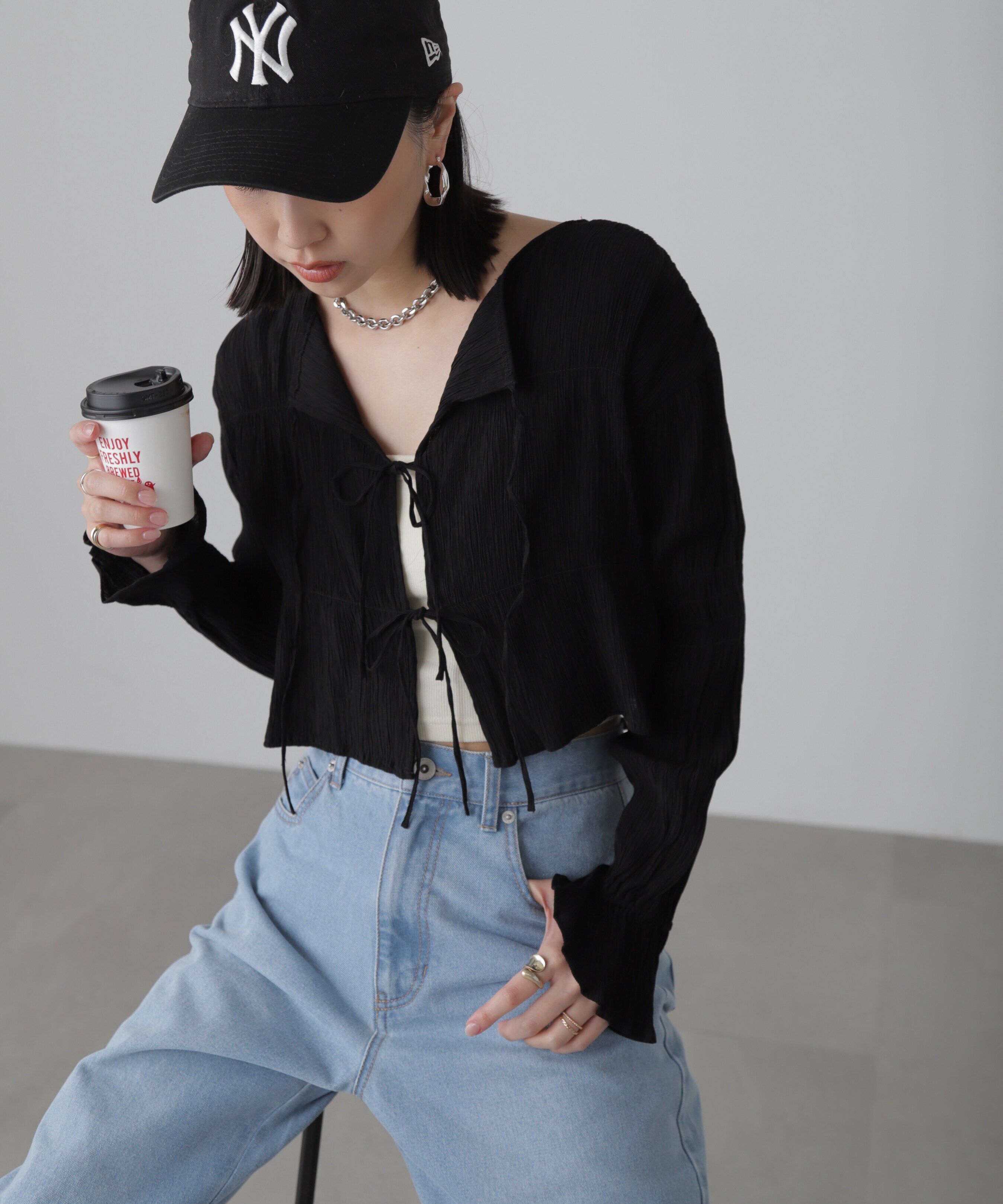  「シアーギャザー前開き短丈ブラウス」|シャツ・ブラウス|