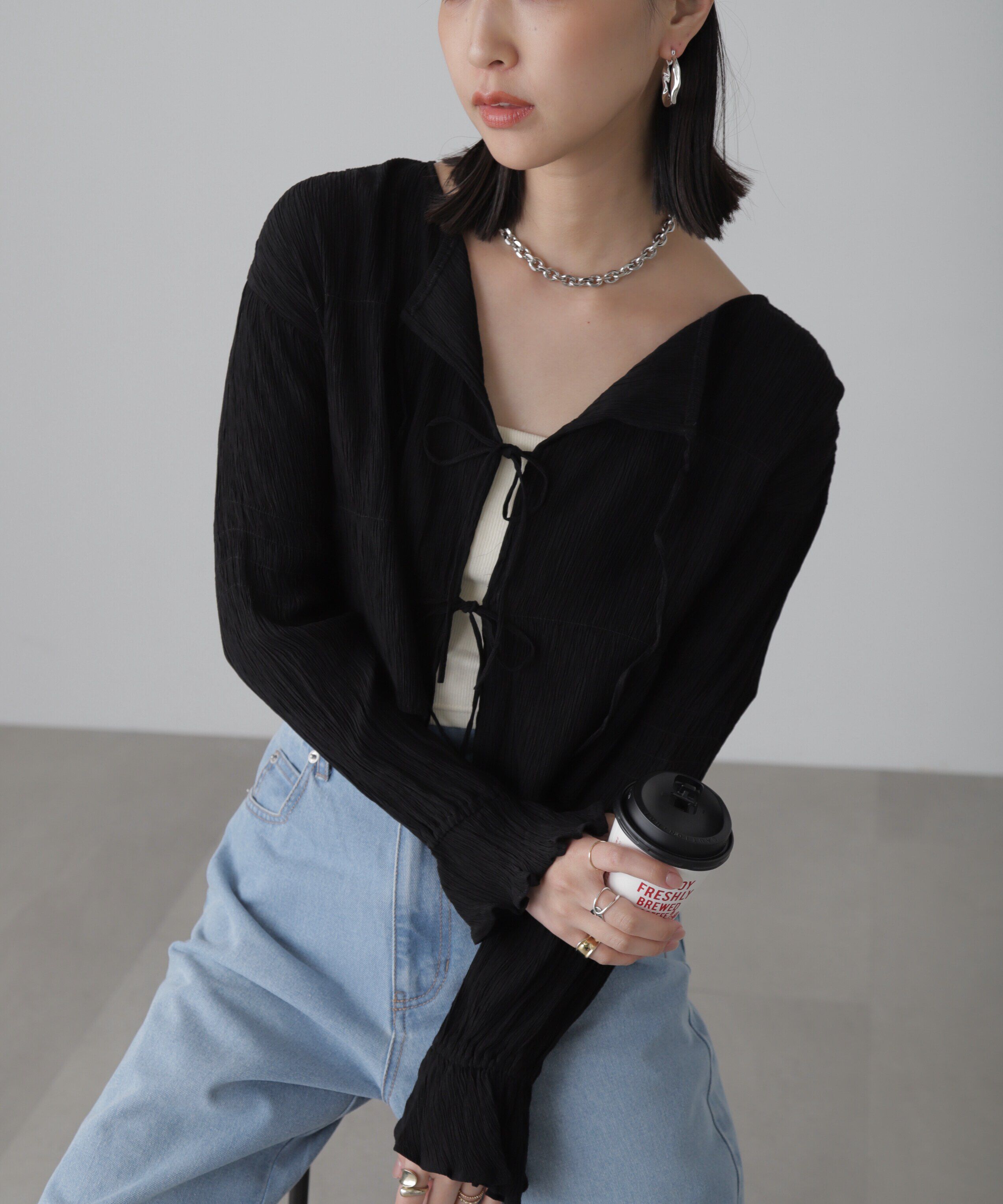  「シアーギャザー前開き短丈ブラウス」|シャツ・ブラウス|