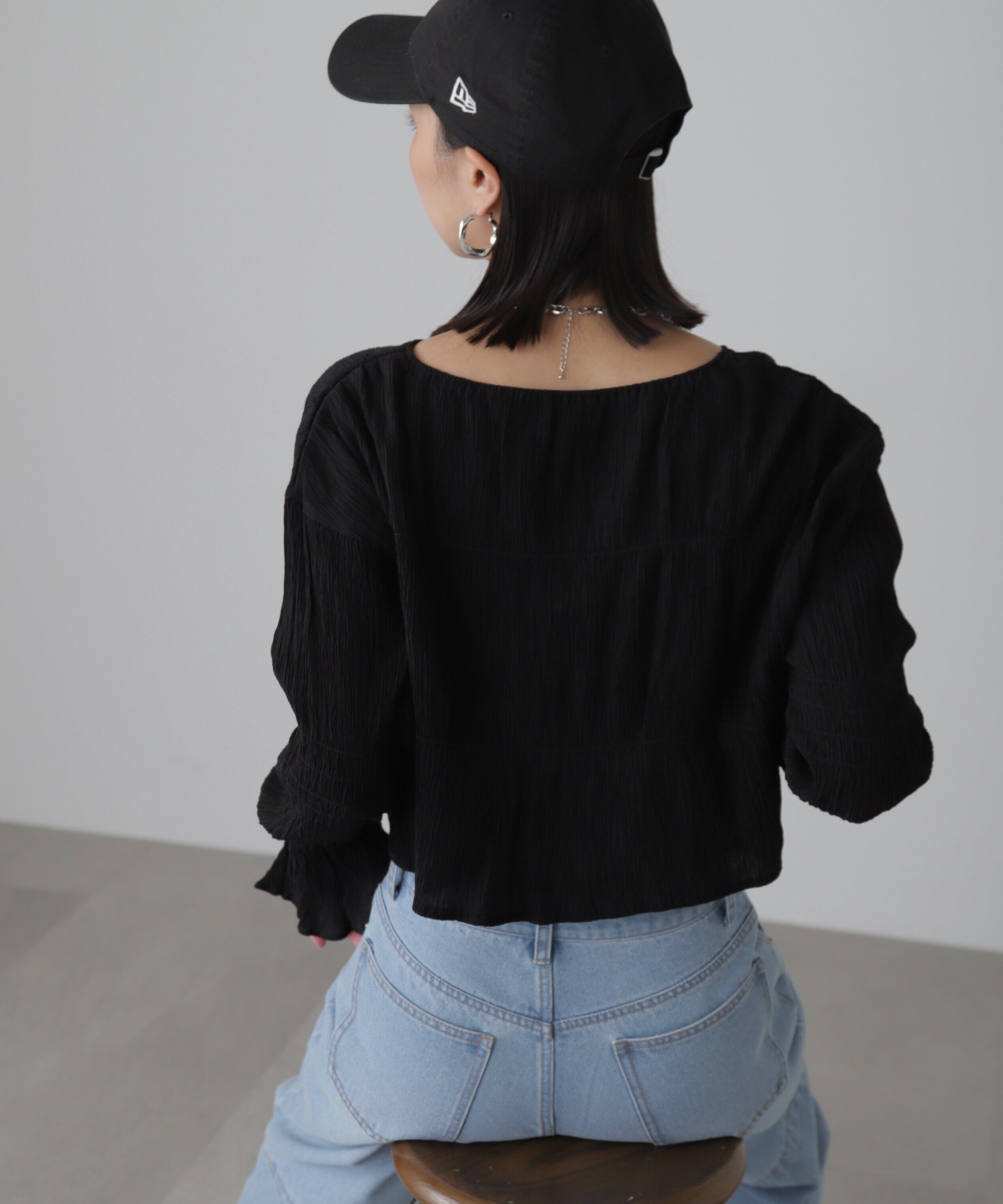  「シアーギャザー前開き短丈ブラウス」|シャツ・ブラウス|