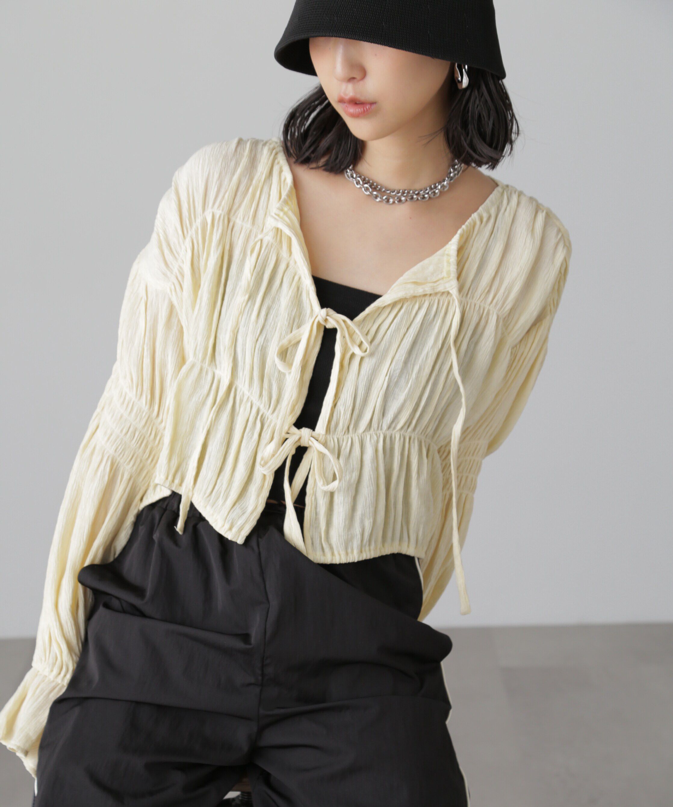  「シアーギャザー前開き短丈ブラウス」|シャツ・ブラウス|