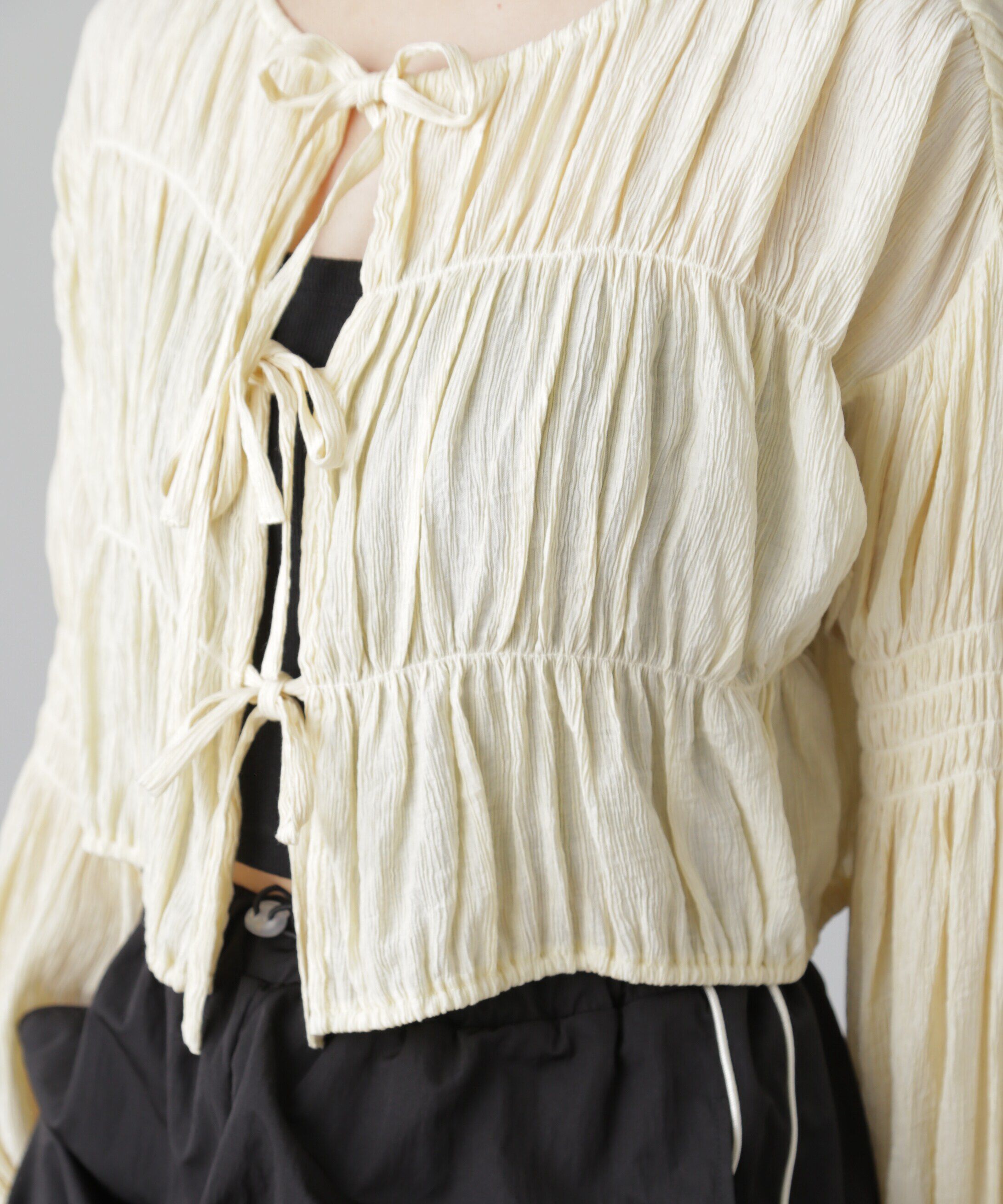  「シアーギャザー前開き短丈ブラウス」|シャツ・ブラウス|