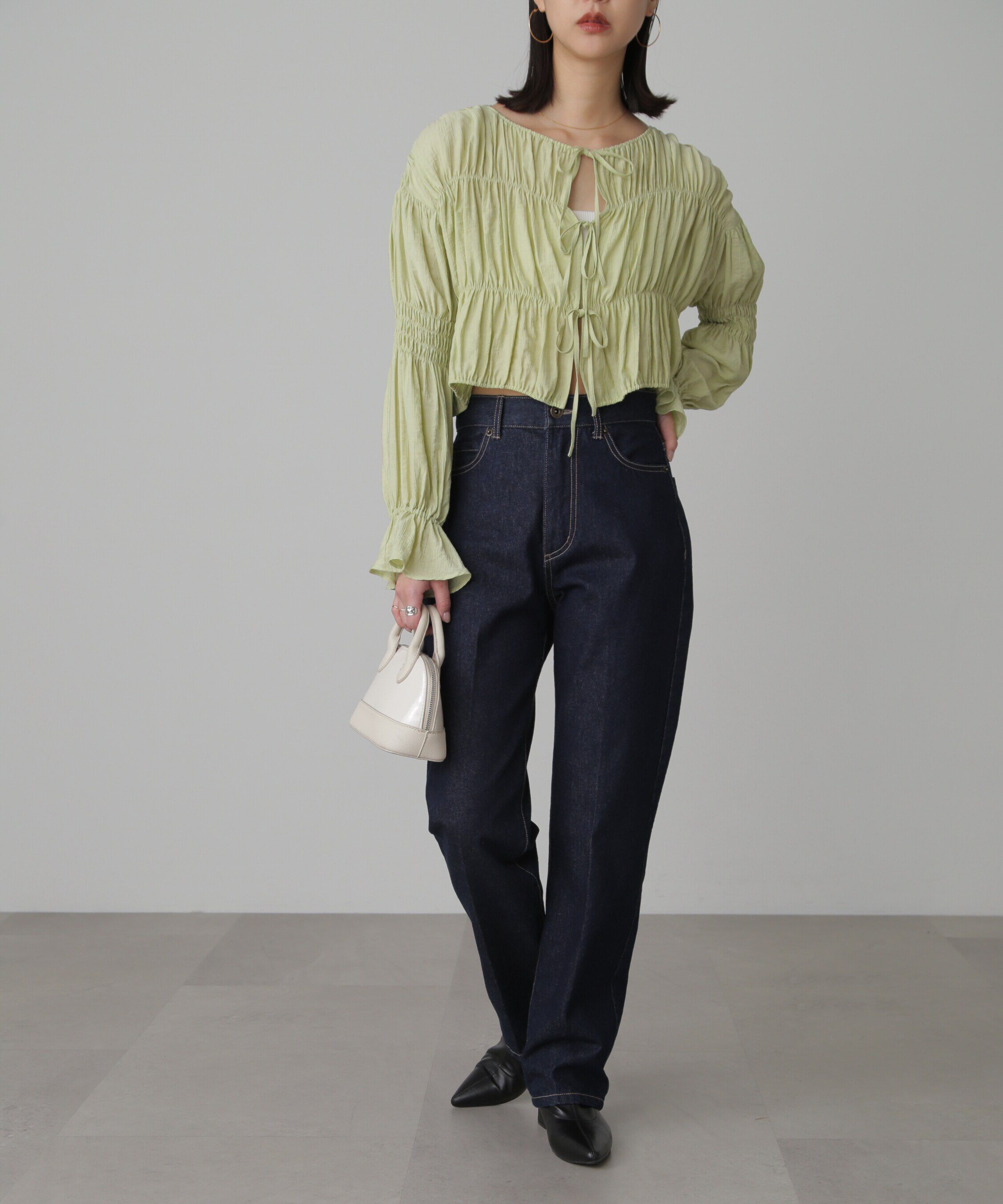  「シアーギャザー前開き短丈ブラウス」|シャツ・ブラウス|