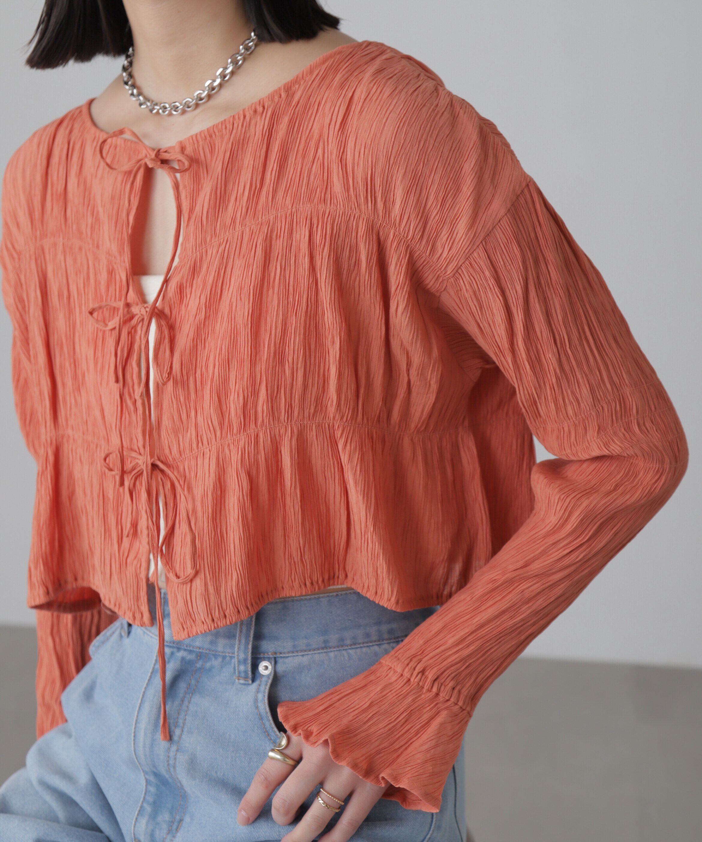  「シアーギャザー前開き短丈ブラウス」|シャツ・ブラウス|