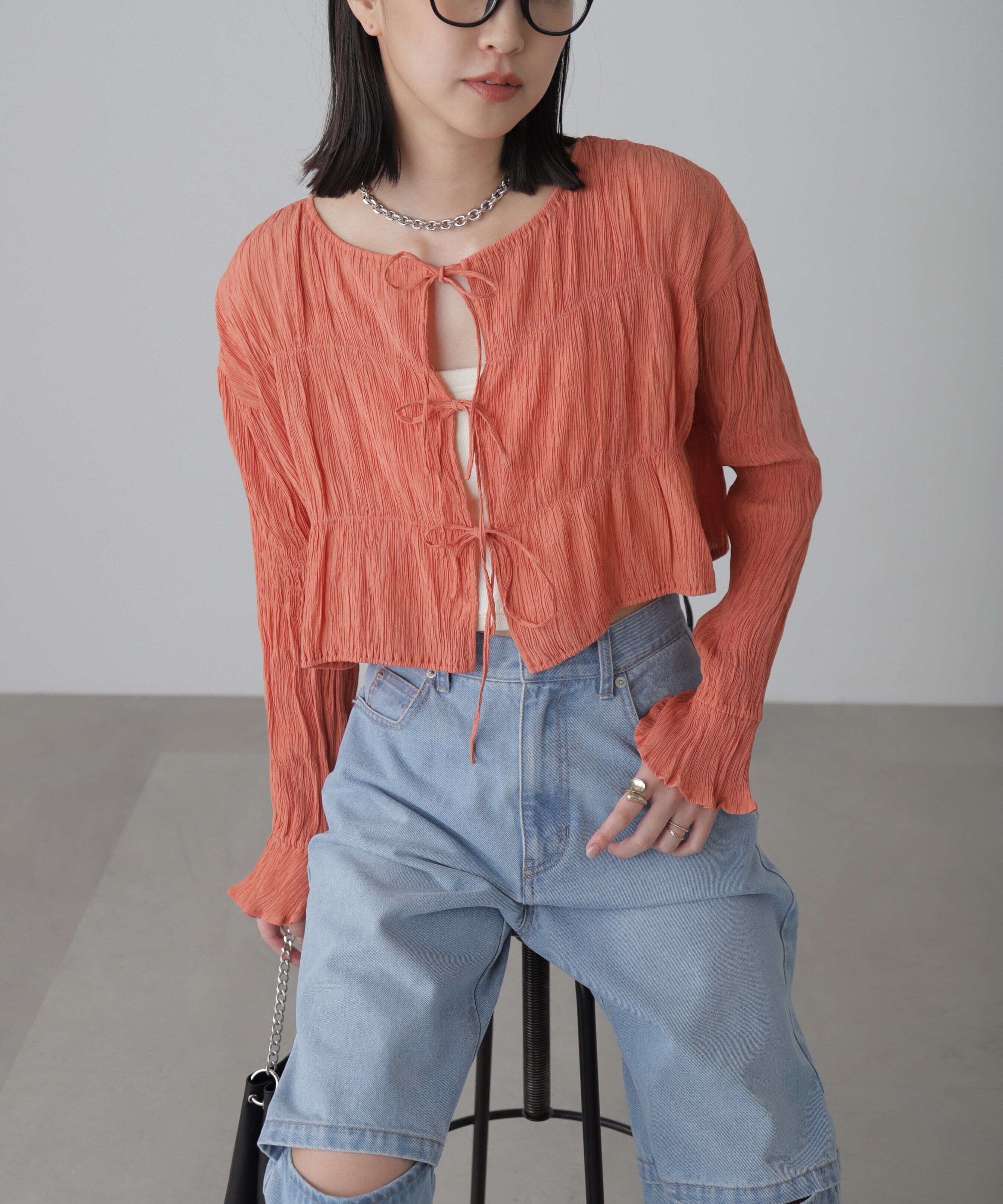  「シアーギャザー前開き短丈ブラウス」|シャツ・ブラウス|