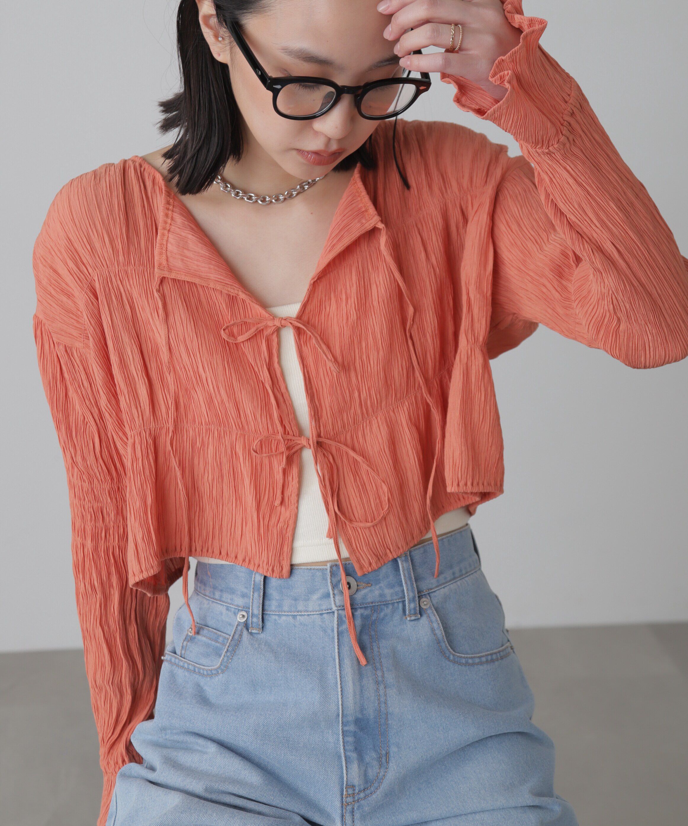  「シアーギャザー前開き短丈ブラウス」|シャツ・ブラウス|