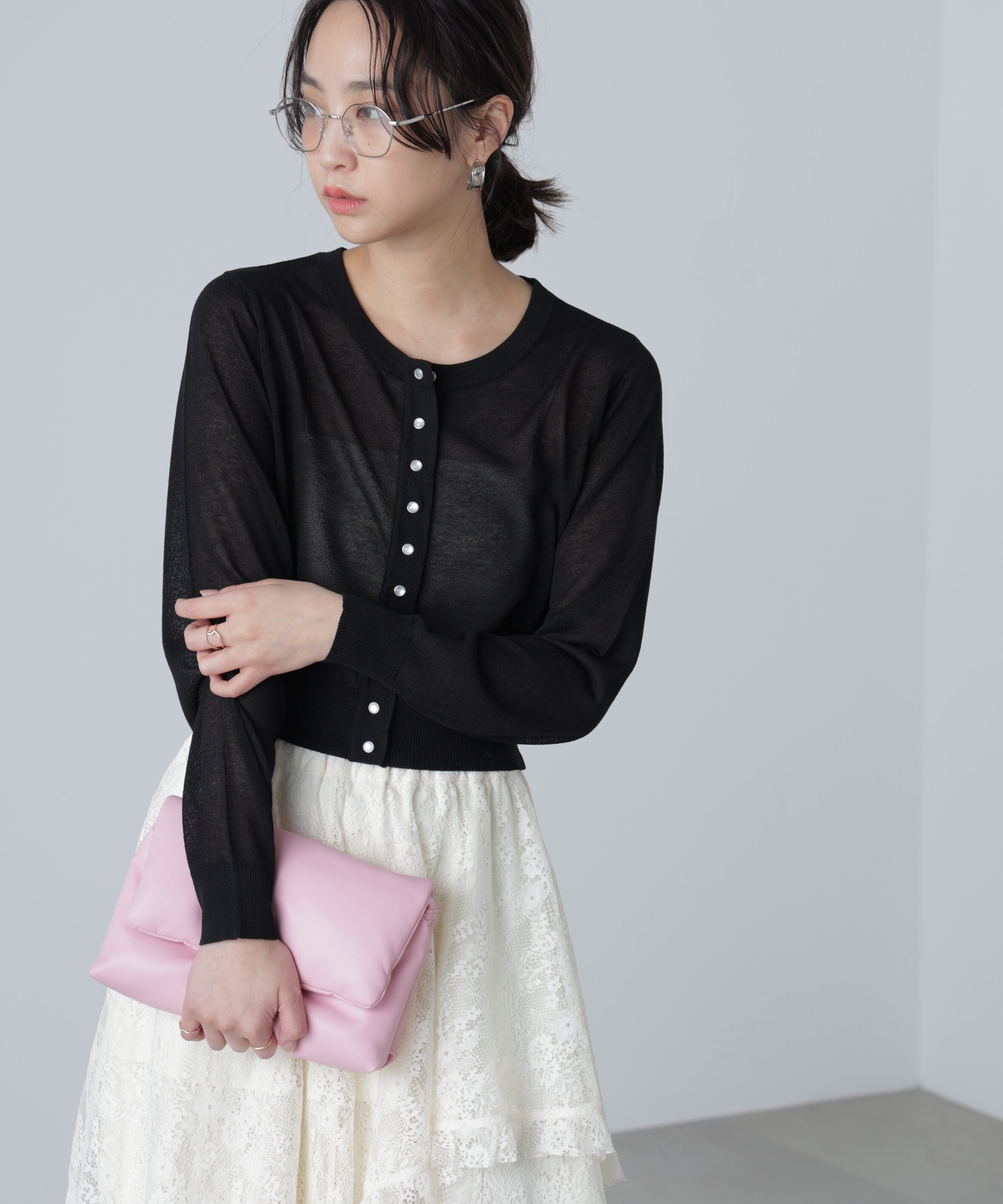  「ドットボタンクルーネックカーディガン」|ニット・セーター|