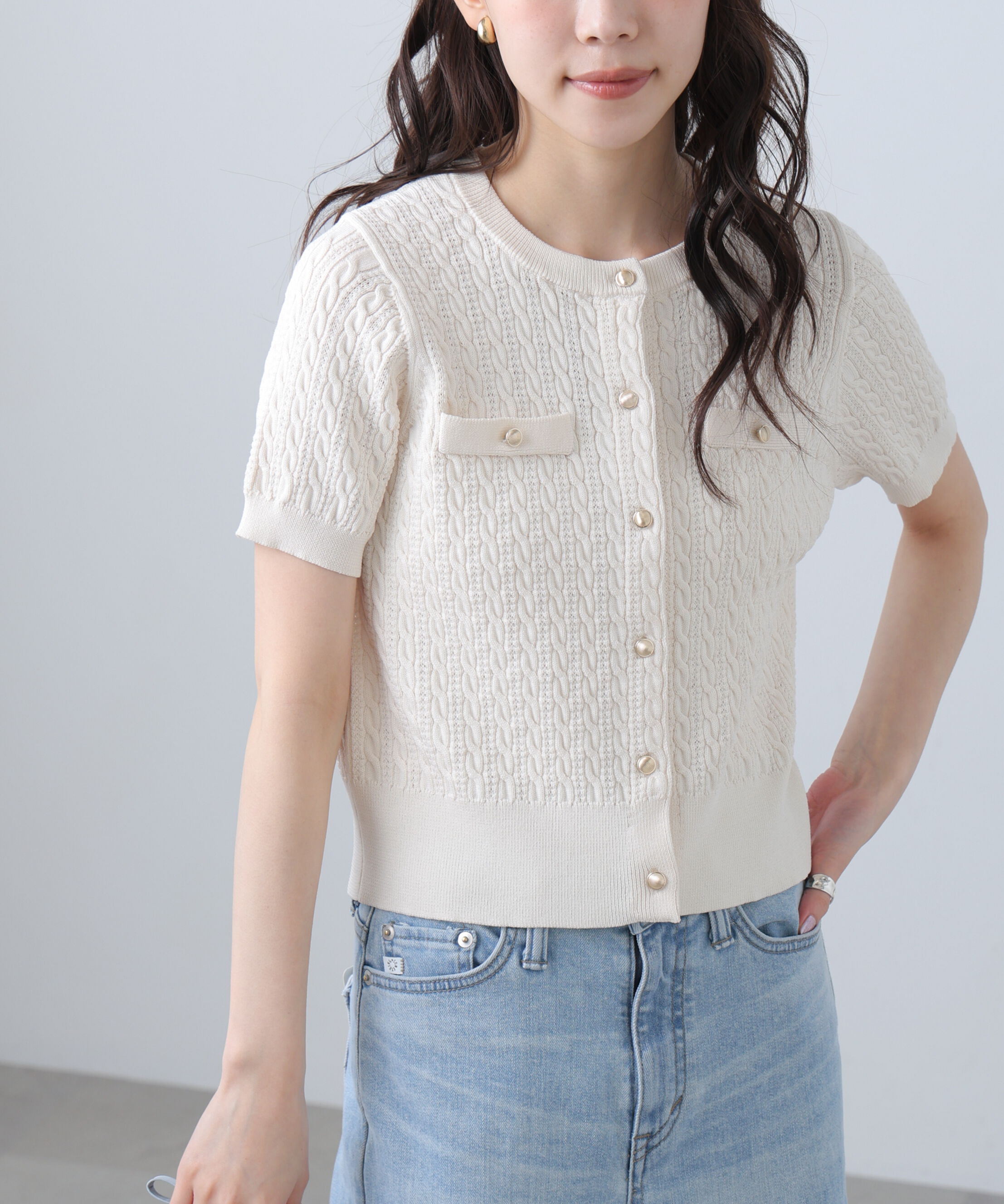  「ケーブル金ボタン半袖ニットカーディガン」|ニット・セーター|