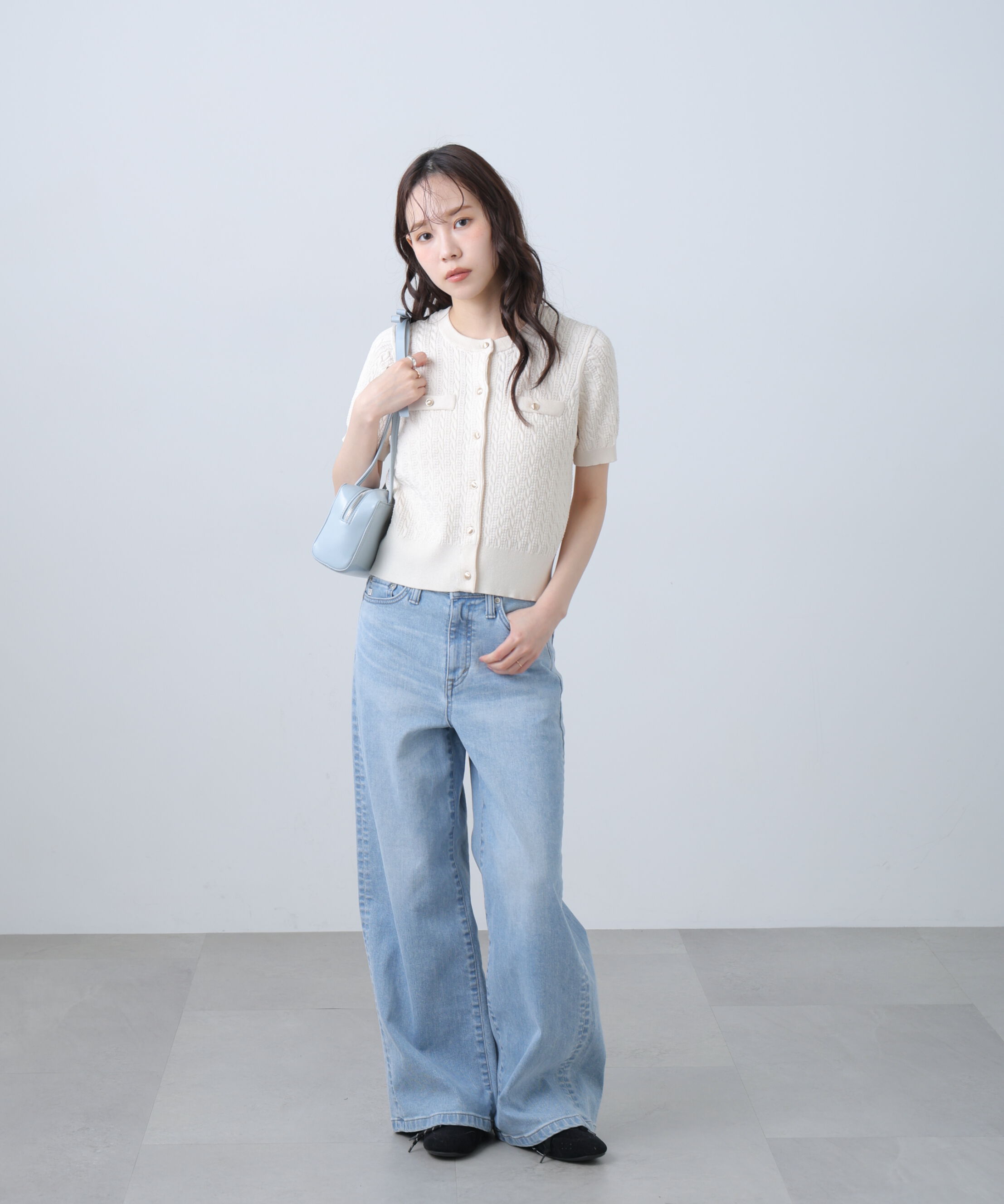  「ケーブル金ボタン半袖ニットカーディガン」|ニット・セーター|