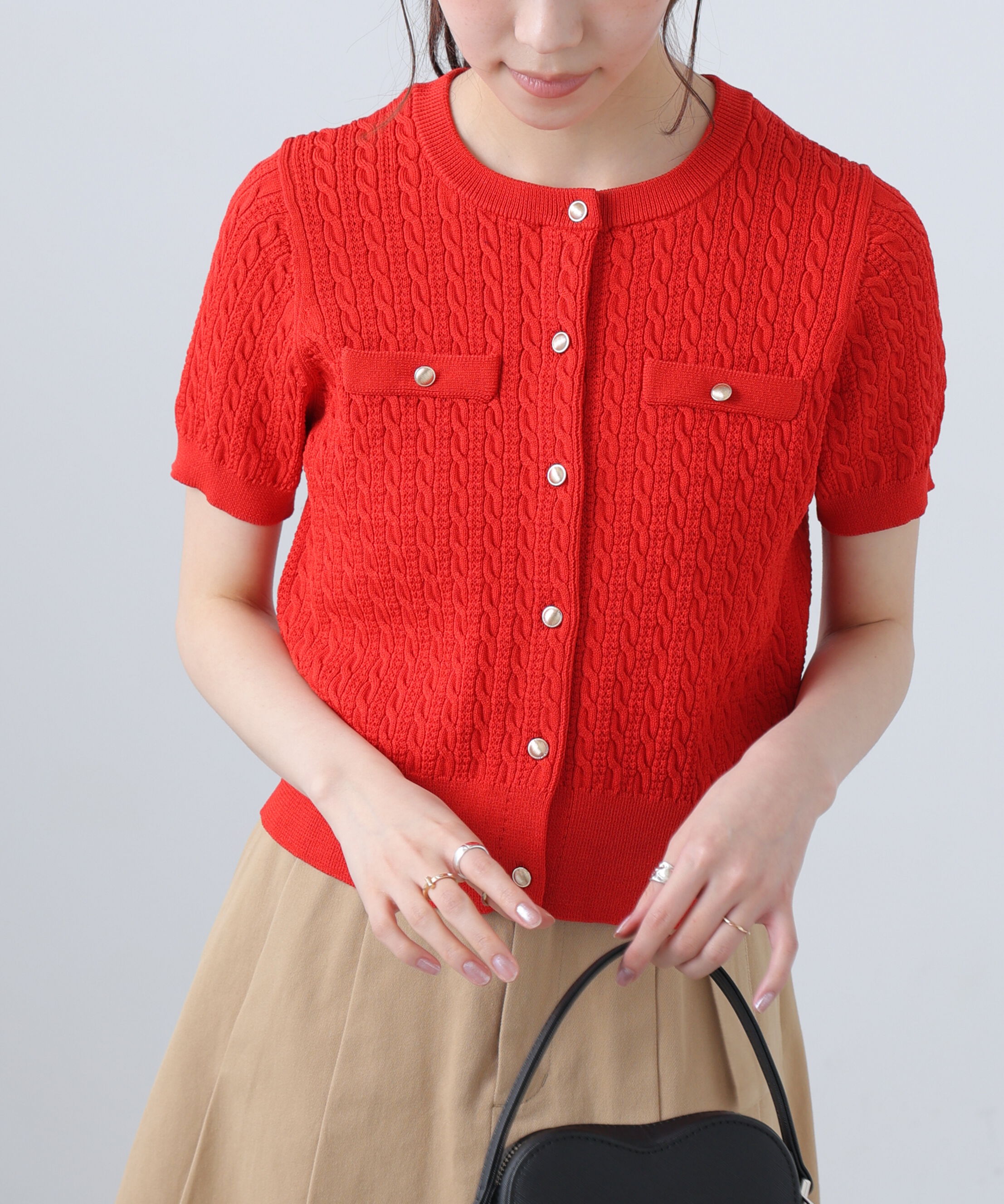  「ケーブル金ボタン半袖ニットカーディガン」|ニット・セーター|