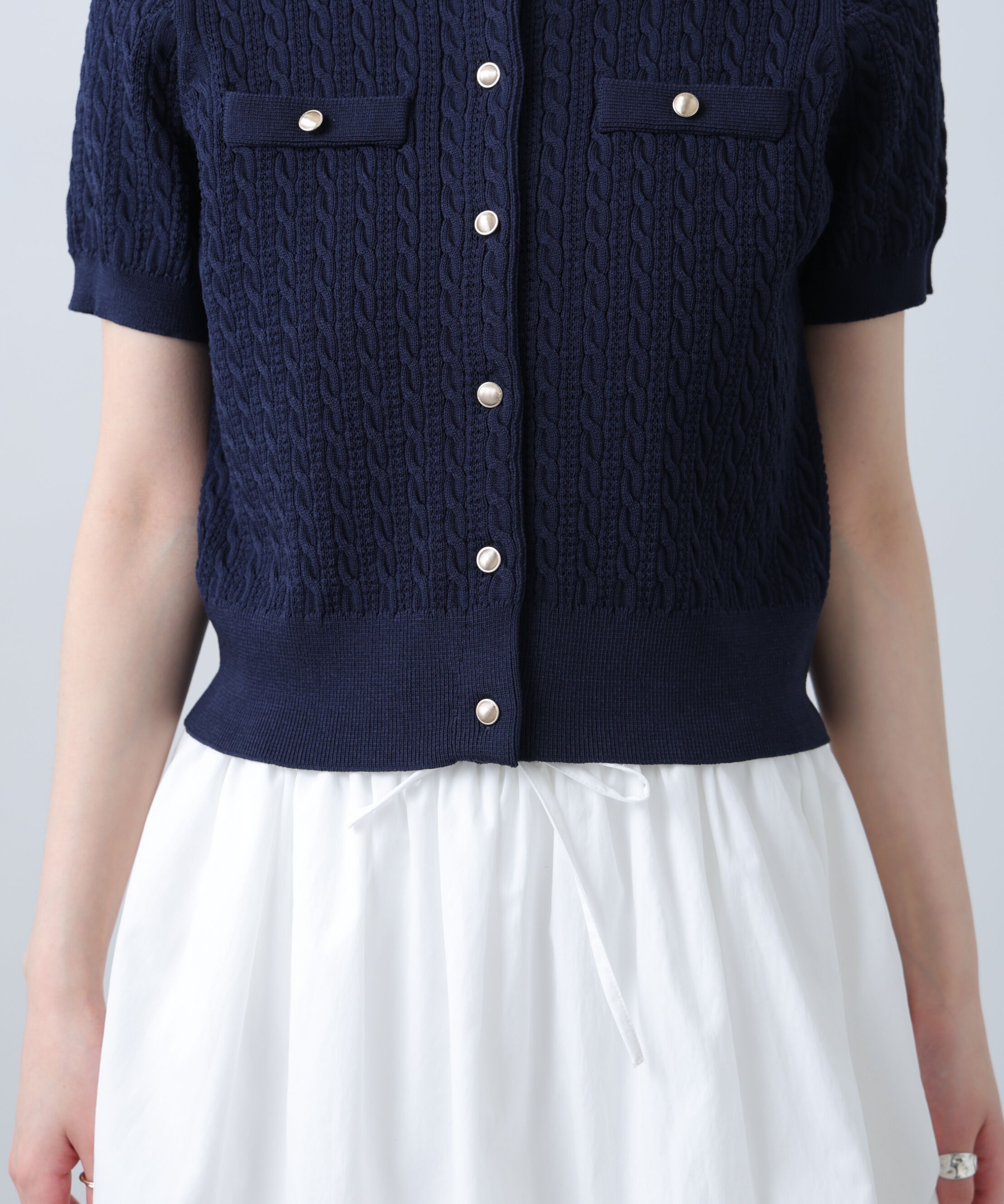  「ケーブル金ボタン半袖ニットカーディガン」|ニット・セーター|