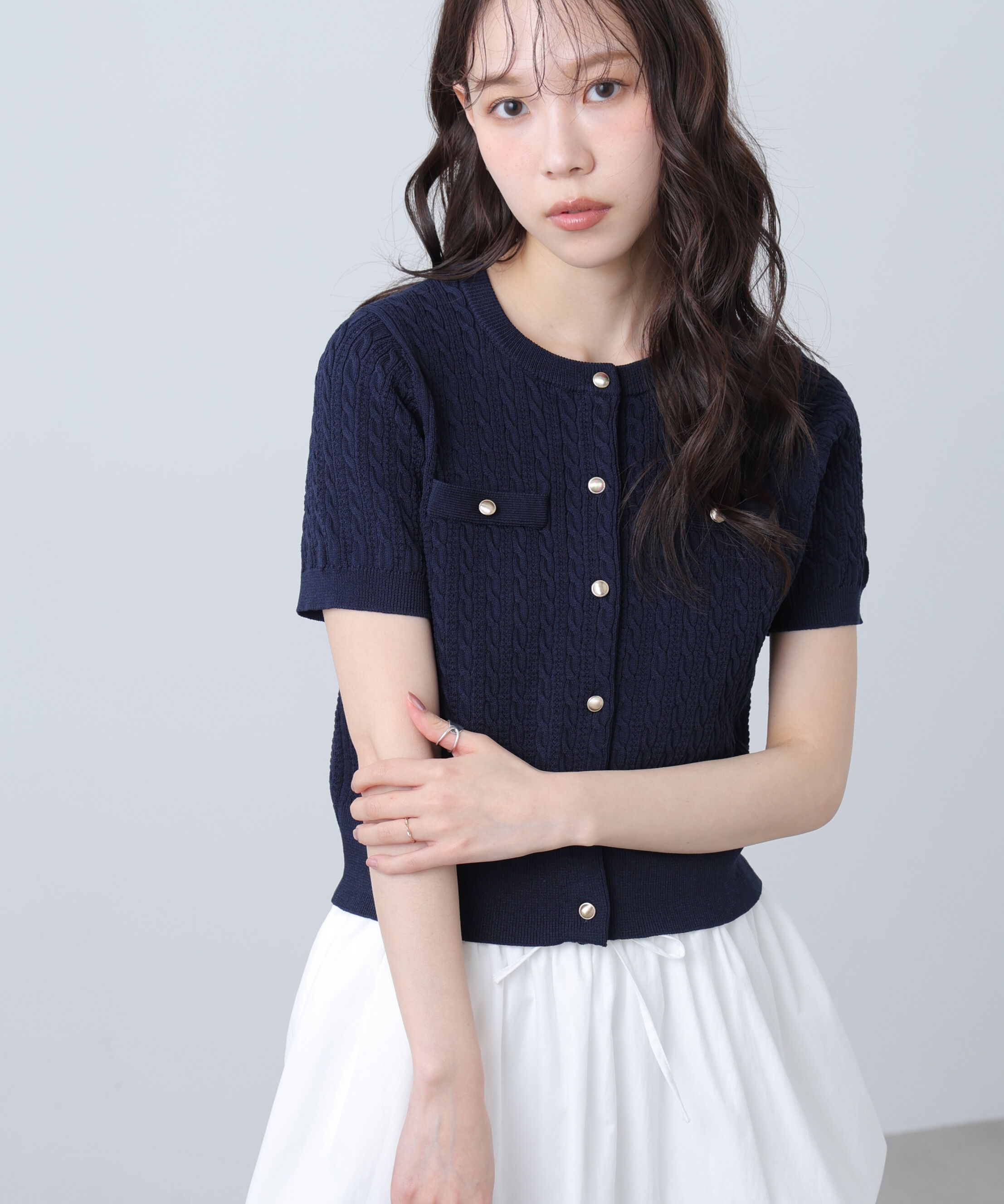  「ケーブル金ボタン半袖ニットカーディガン」|ニット・セーター|