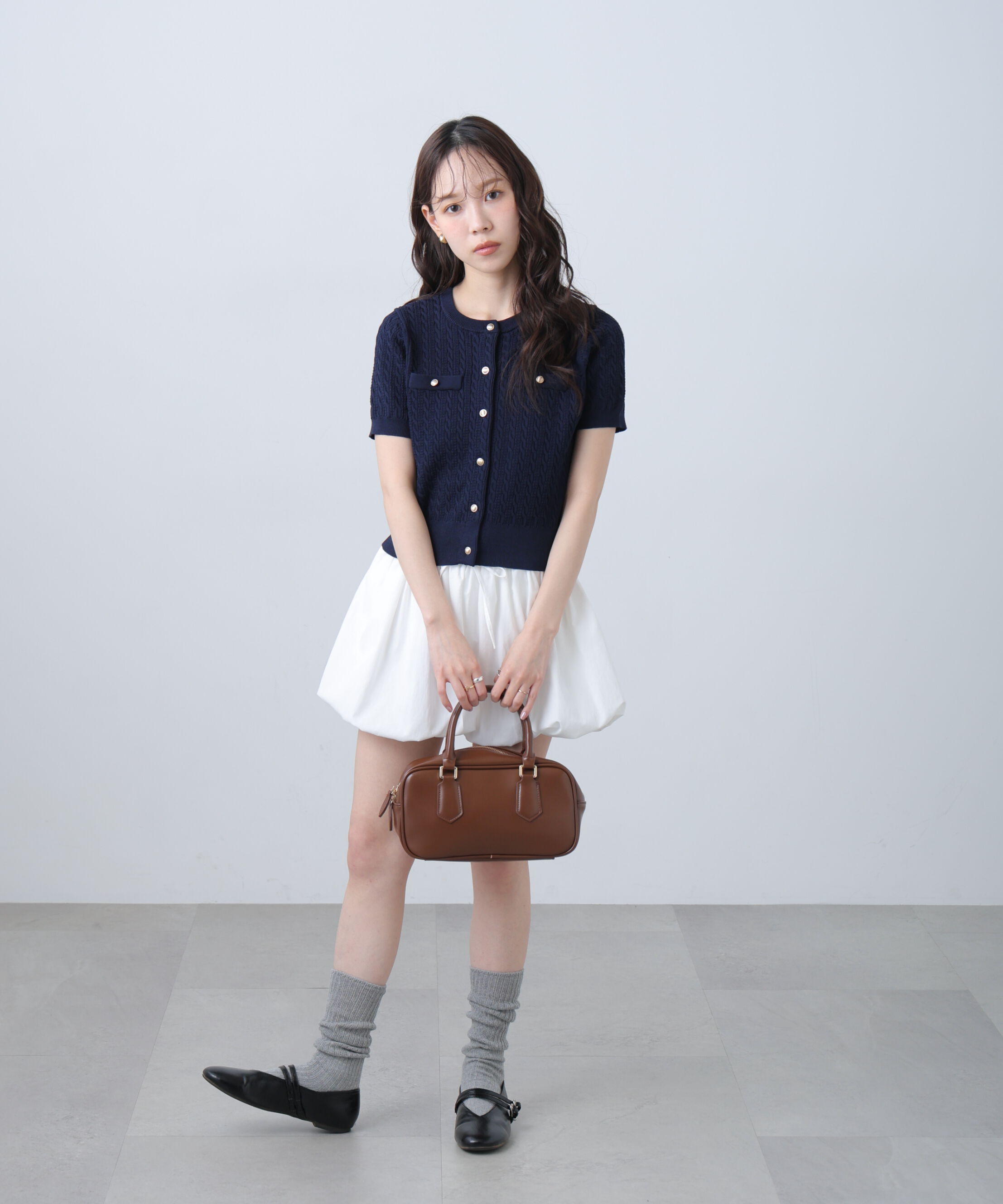  「ケーブル金ボタン半袖ニットカーディガン」|ニット・セーター|