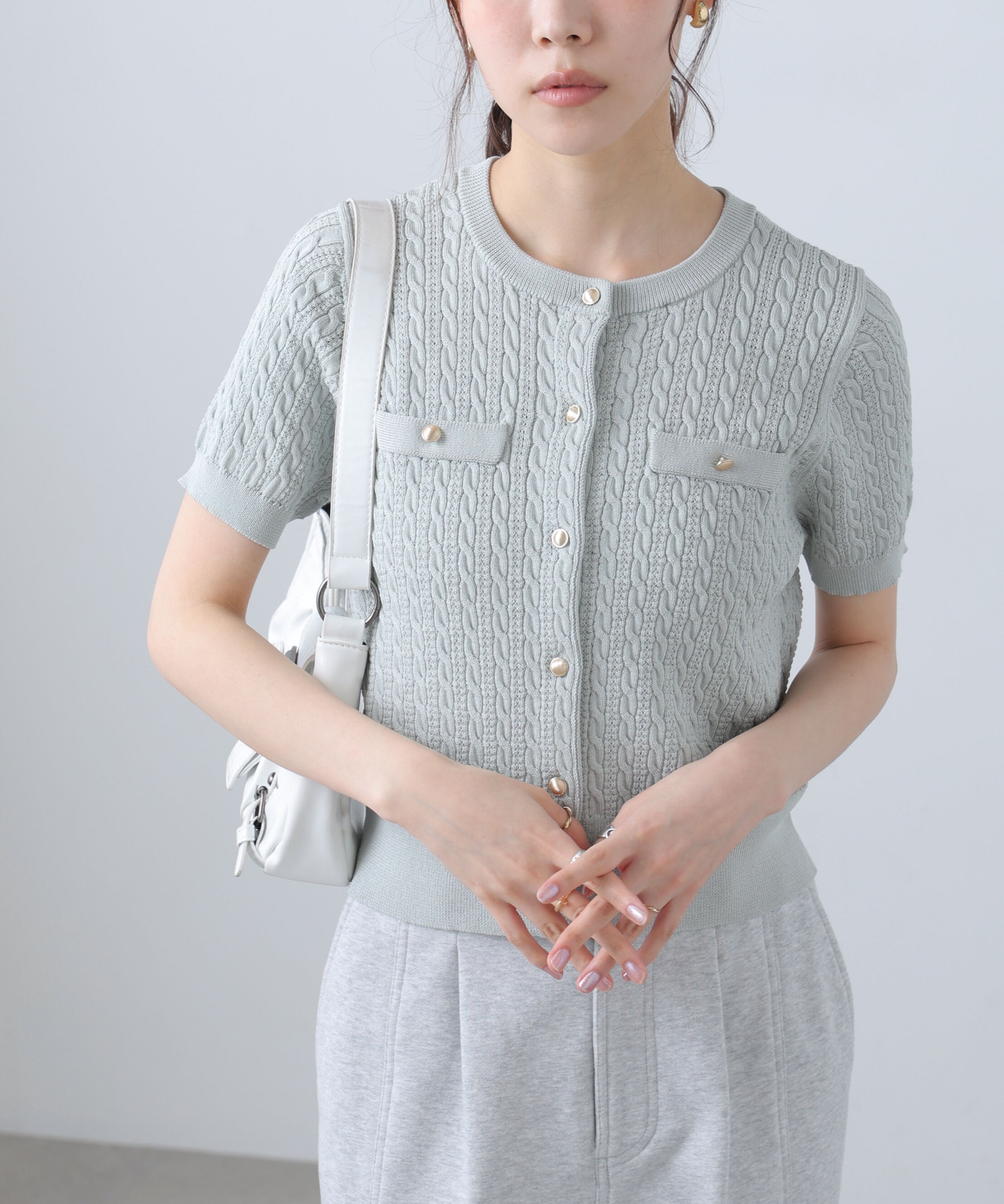  「ケーブル金ボタン半袖ニットカーディガン」|ニット・セーター|