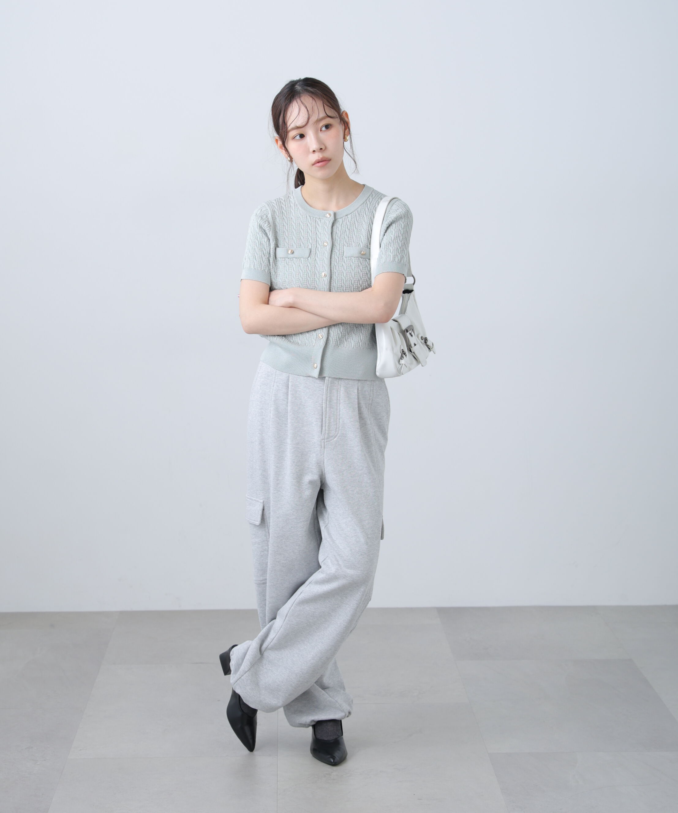  「ケーブル金ボタン半袖ニットカーディガン」|ニット・セーター|