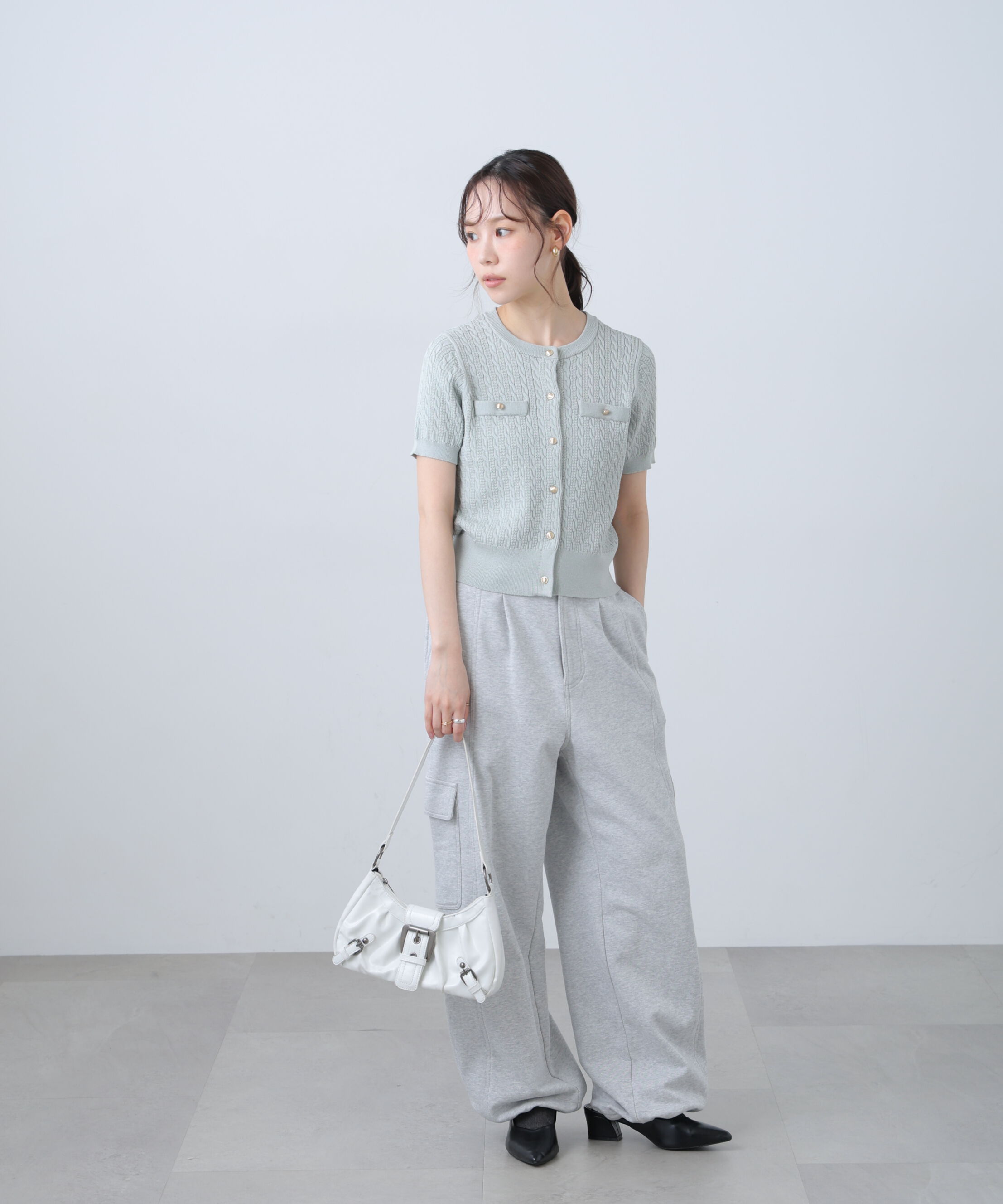  「ケーブル金ボタン半袖ニットカーディガン」|ニット・セーター|