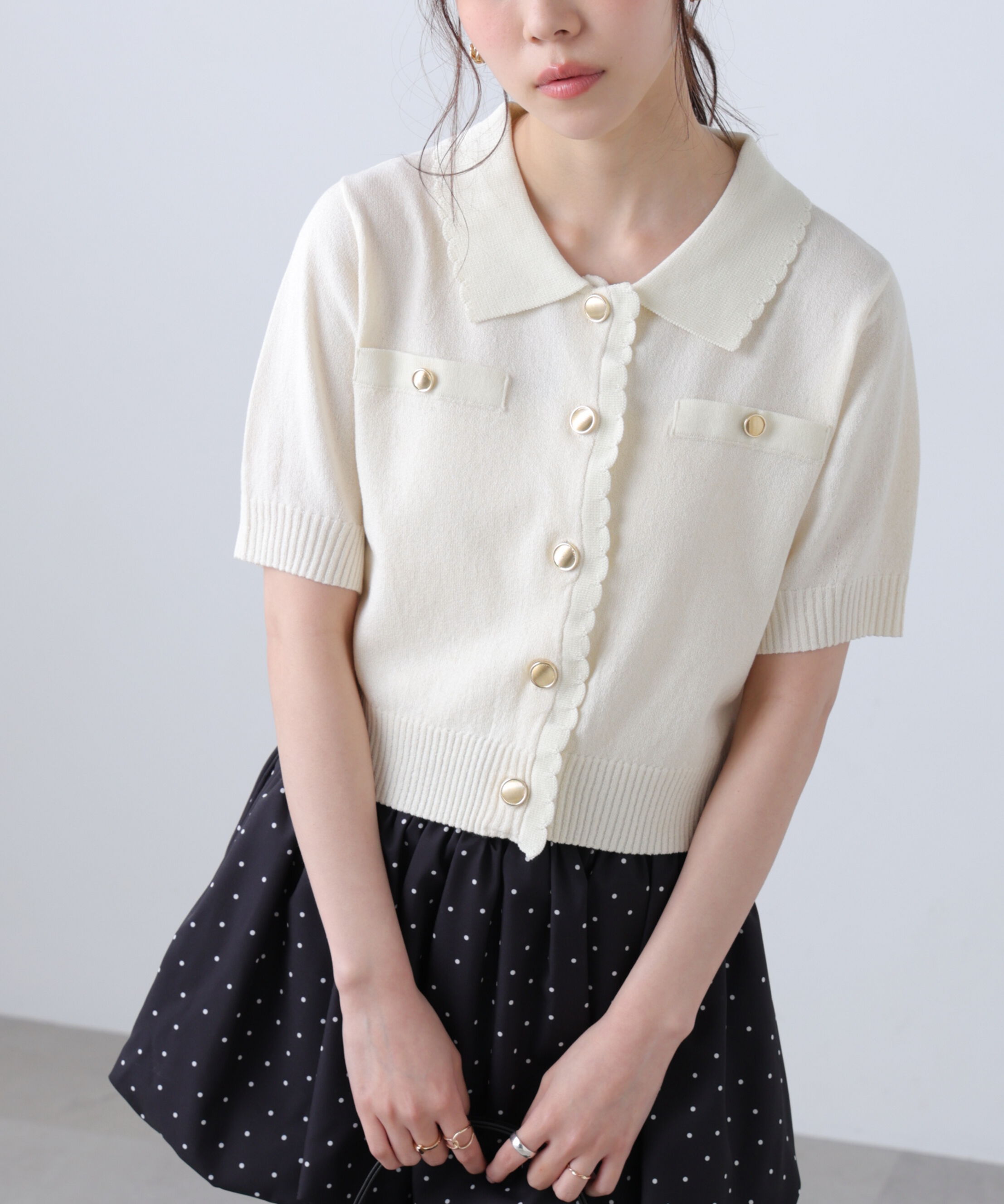  「衿付きミニブークレ半袖カーディガン」|ニット・セーター|
