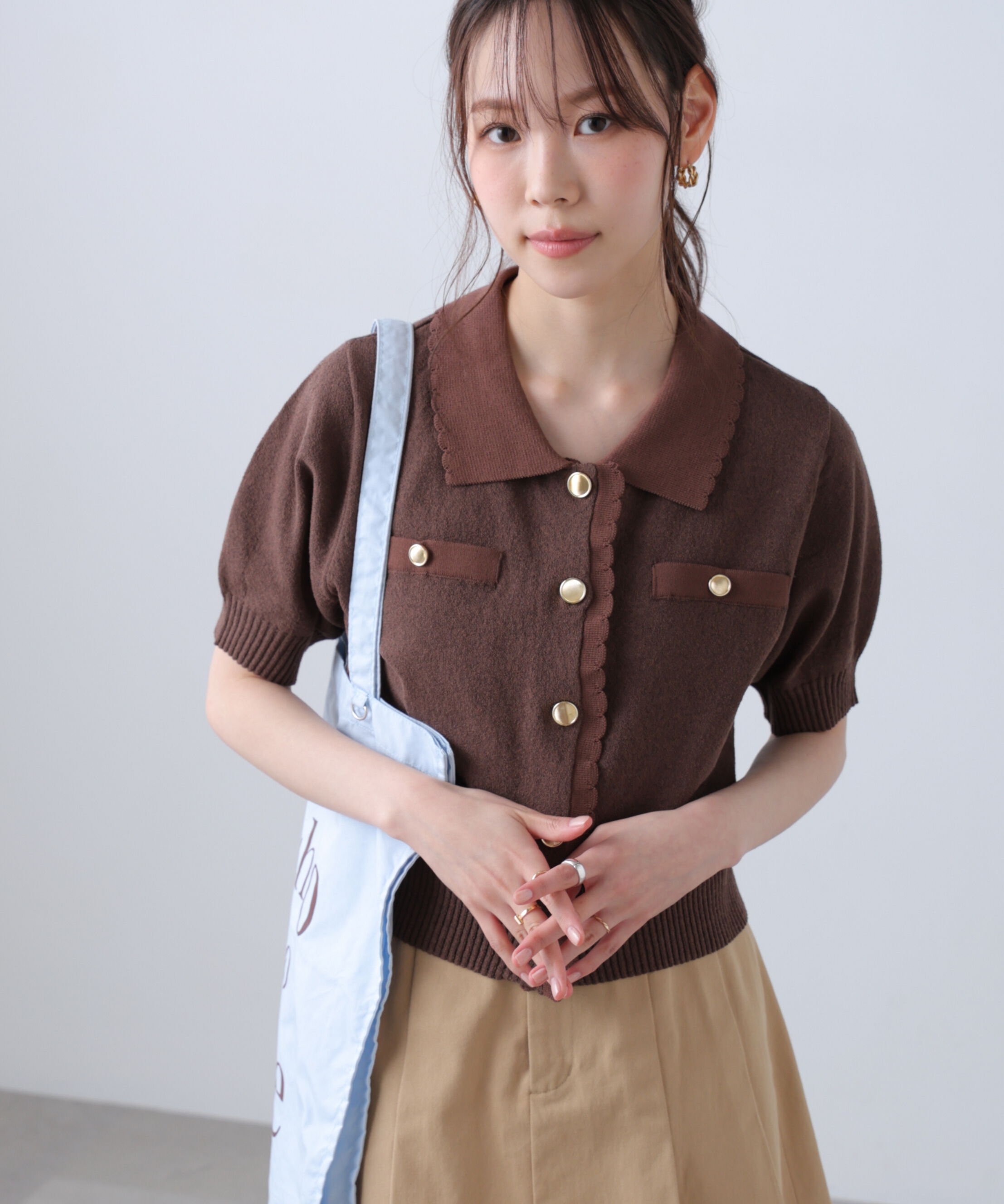  「衿付きミニブークレ半袖カーディガン」|ニット・セーター|