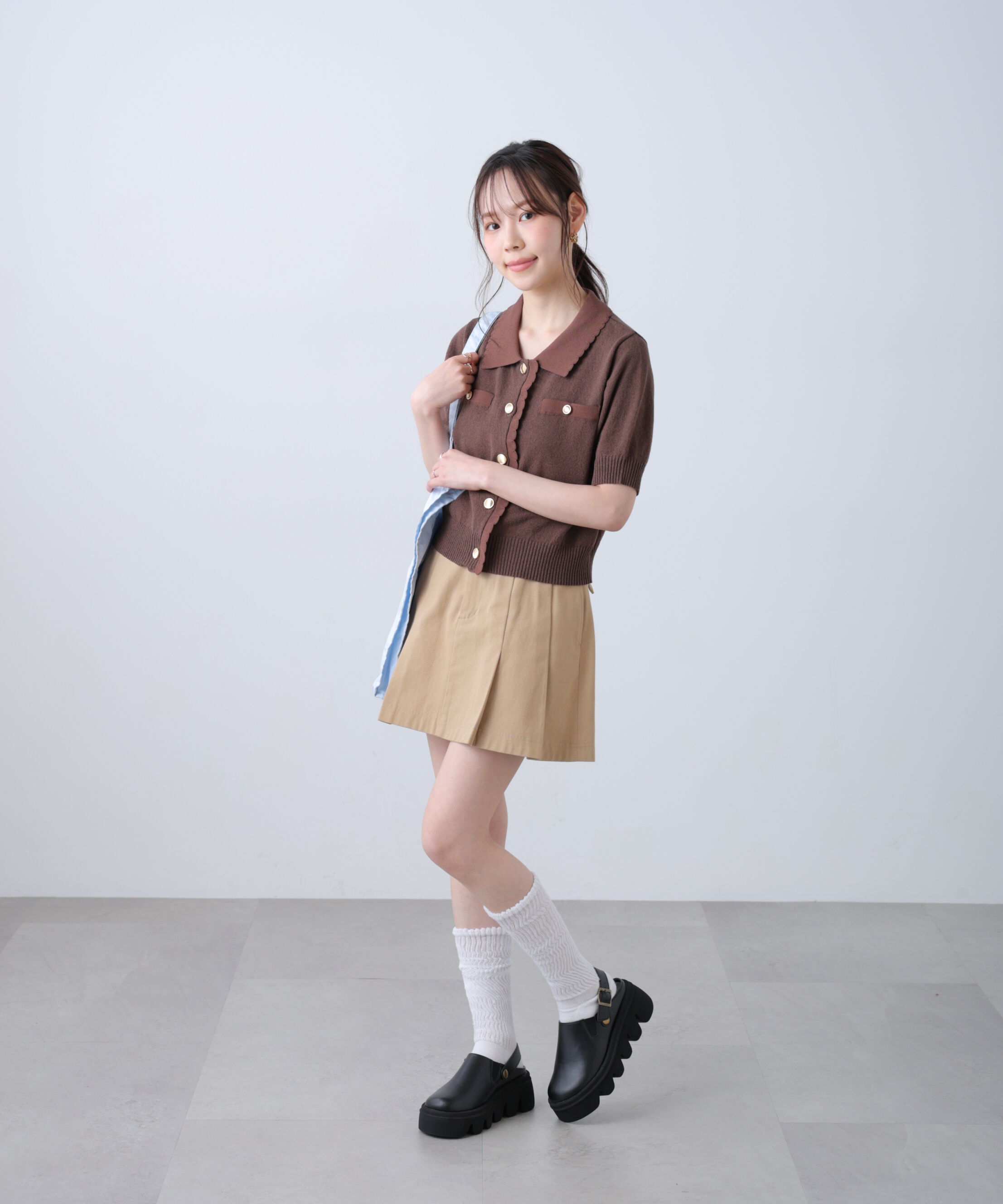  「衿付きミニブークレ半袖カーディガン」|ニット・セーター|