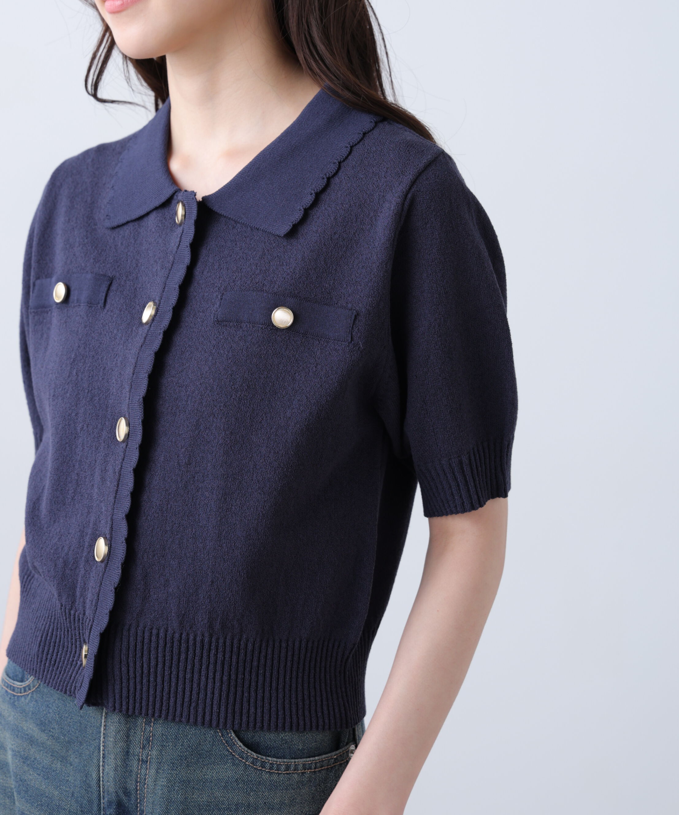  「衿付きミニブークレ半袖カーディガン」|ニット・セーター|