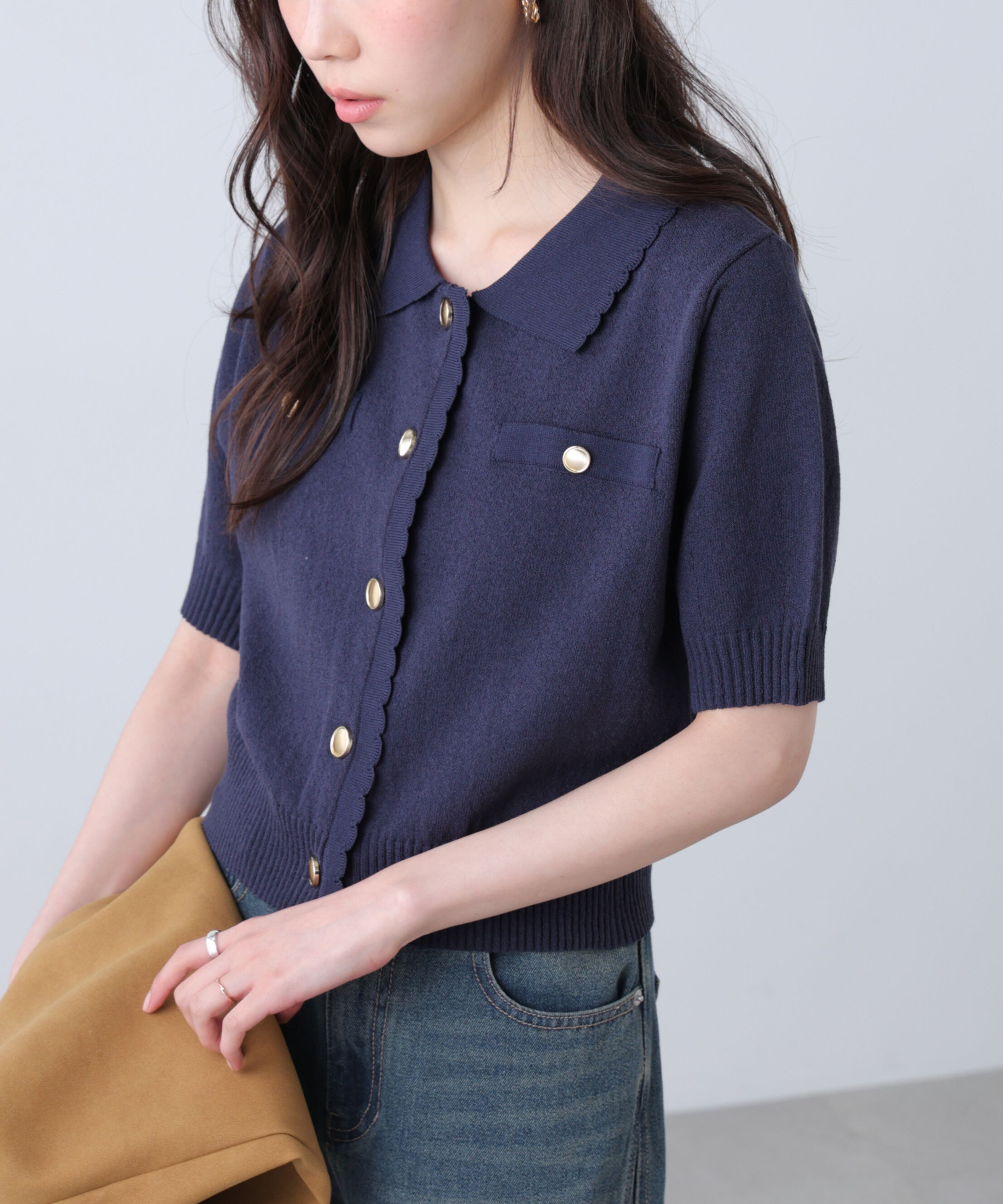  「衿付きミニブークレ半袖カーディガン」|ニット・セーター|