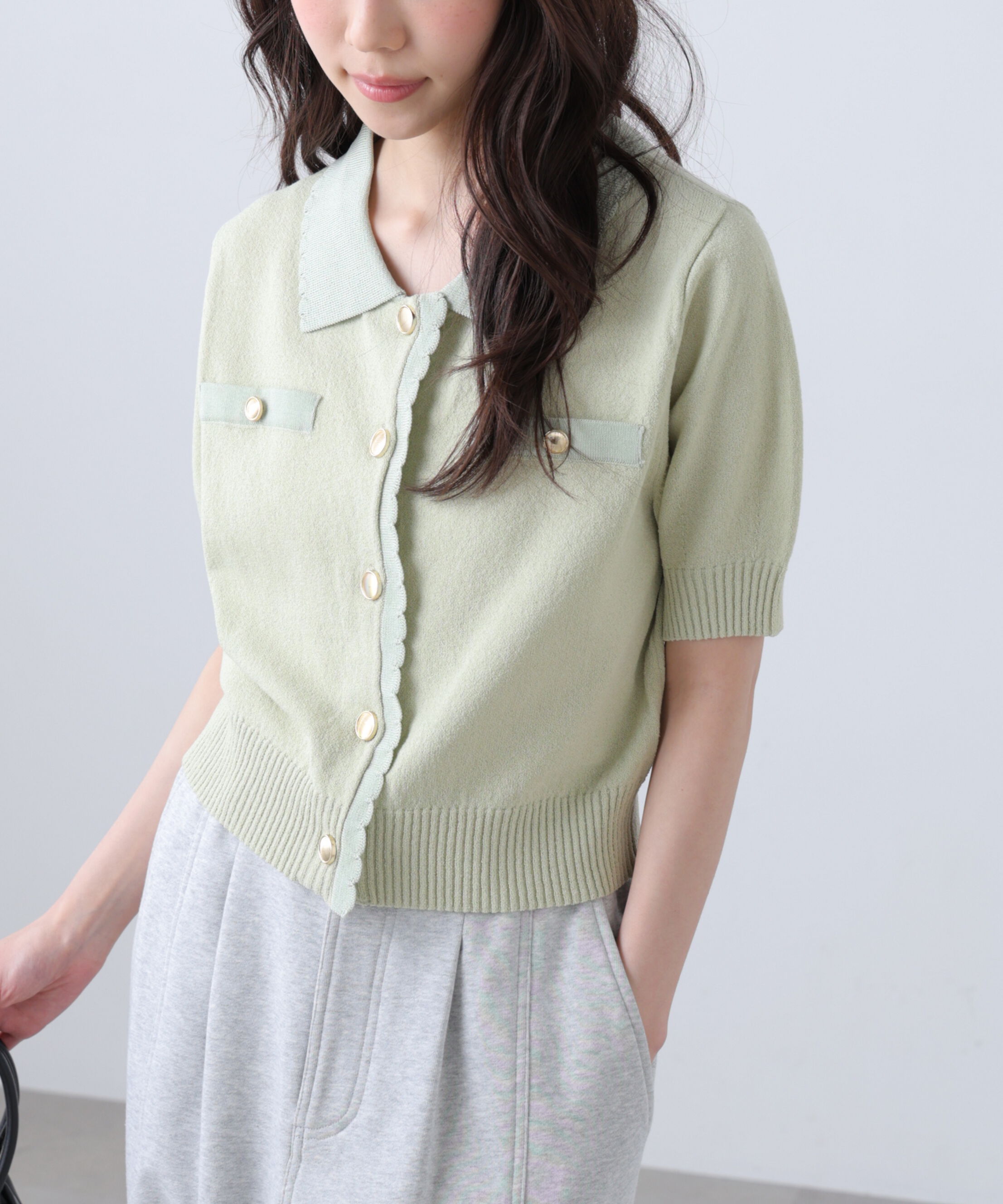  「衿付きミニブークレ半袖カーディガン」|ニット・セーター|