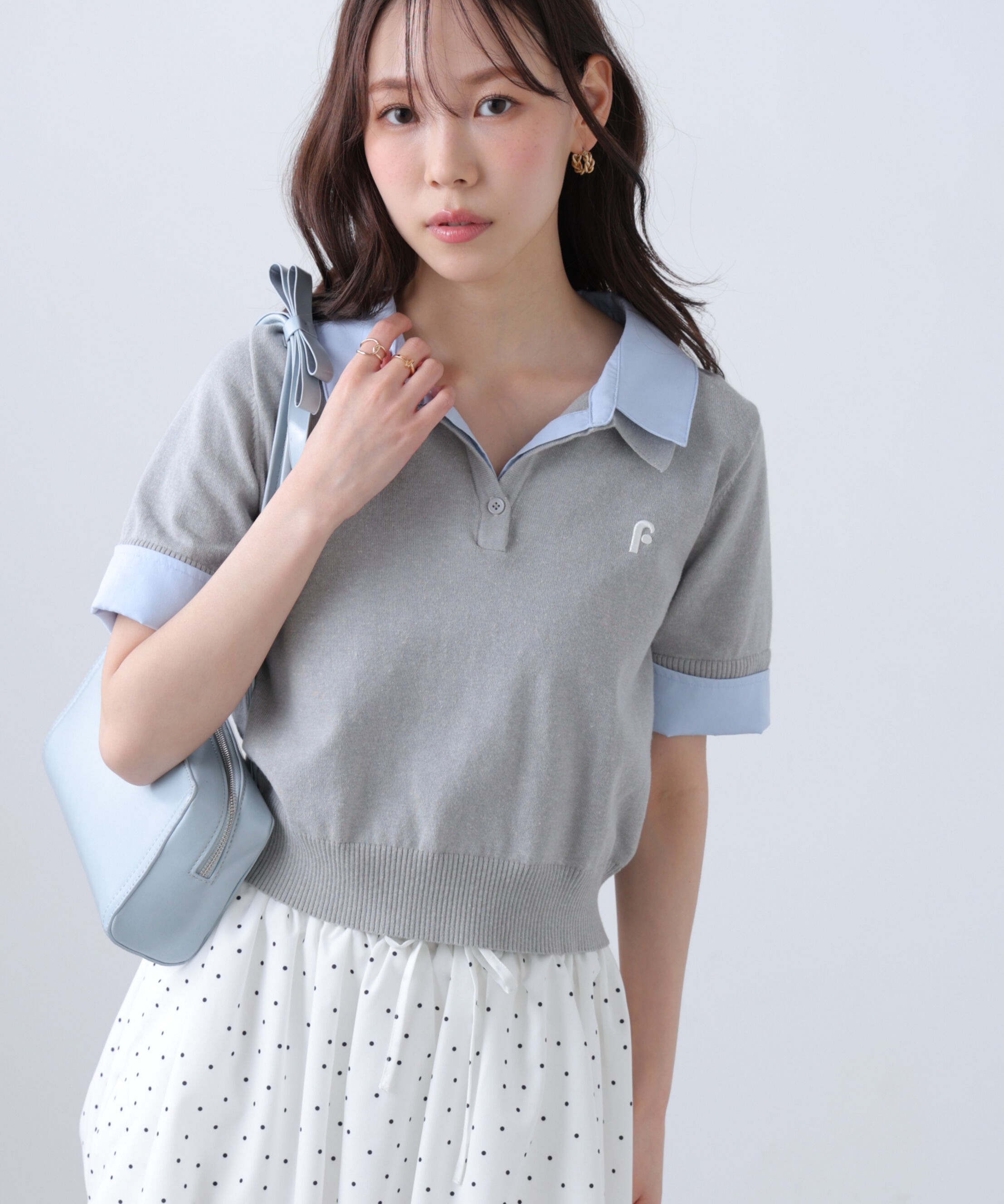  「衿付きレイヤード風半袖ポロニット」|ニット・セーター|グレー
