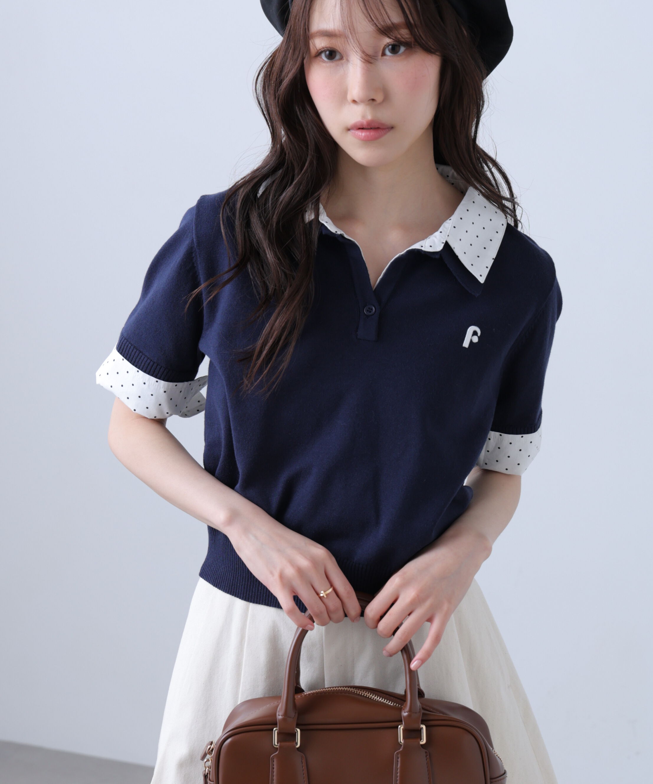  「衿付きレイヤード風半袖ポロニット」|ニット・セーター|