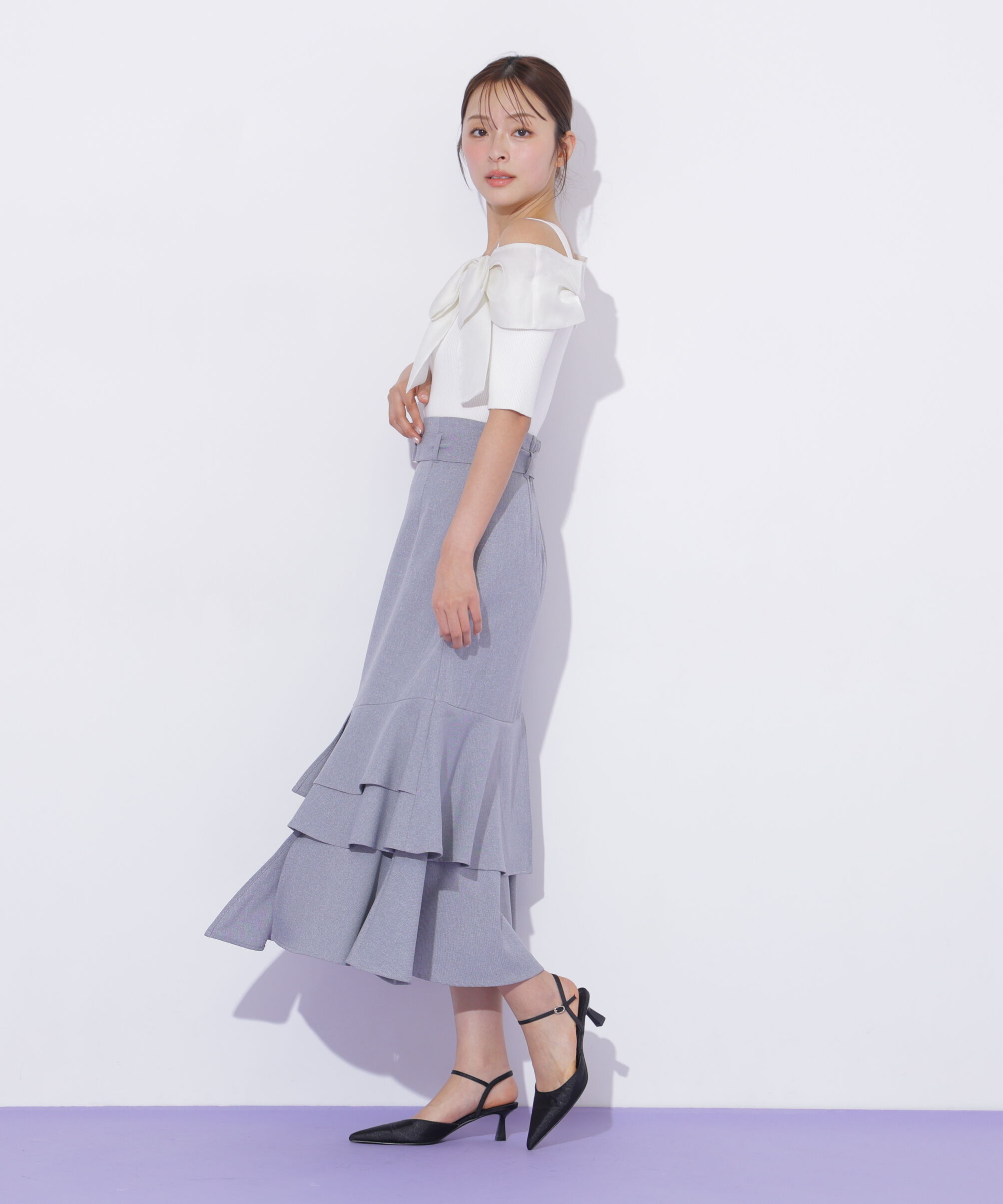  「ベルト付きアシメヘムスカート」|スカート|グレー