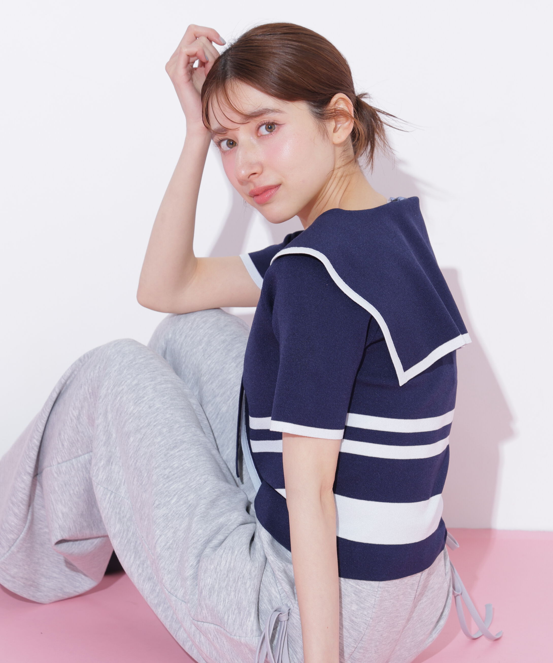  「配色ビッグカラーニット」|ニット・セーター|ネイビー1