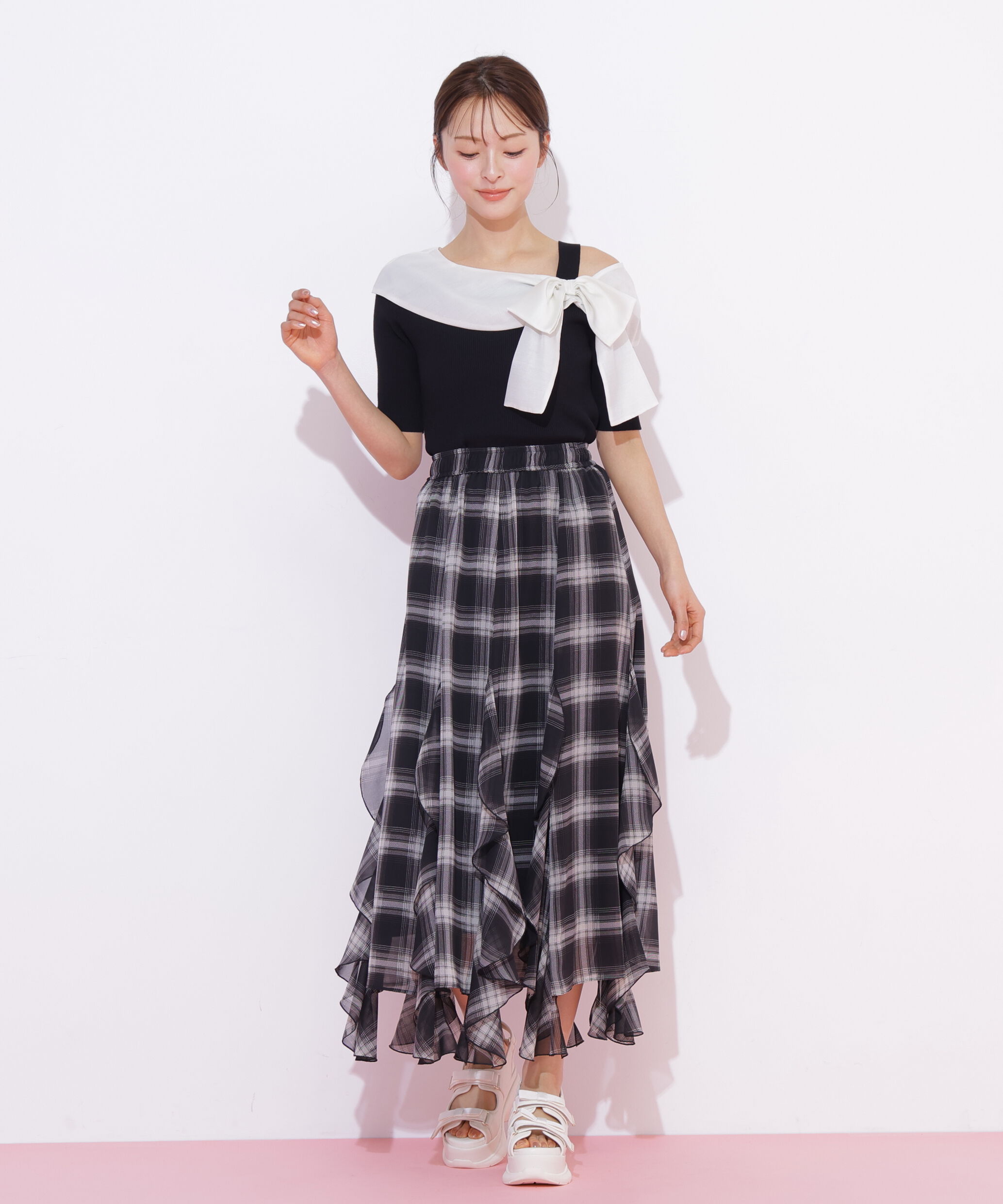  「半袖アシメリボンニット」|ニット・セーター|